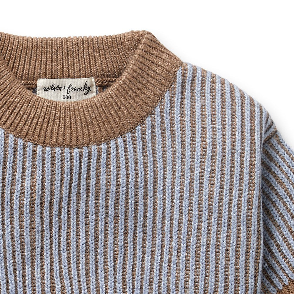 Organic Blue Speckle Knitted Ribbed Jumper for Women - Cozy Winter Sweater for Casual Wear & Holiday Outfits