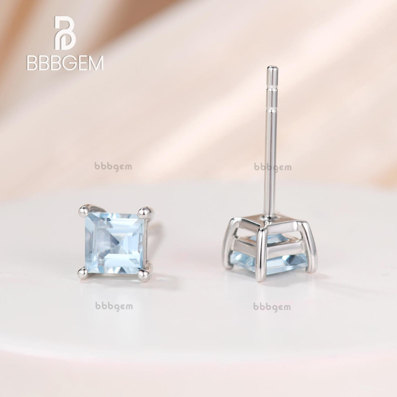 5mm Square Cut Aquamarine Stud Earrings in 14K White Gold - Classic Basket Setting for Women, Perfect for Weddings, Anniversaries & Everyday Elegance