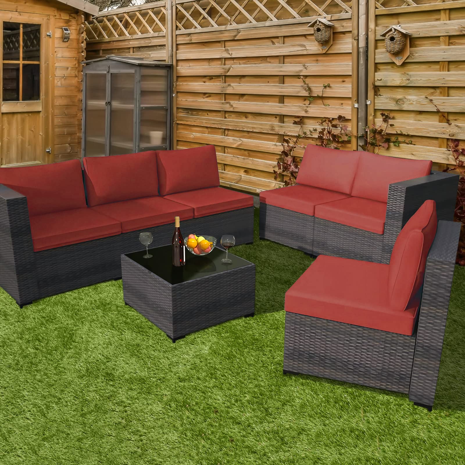 Grezone 7-Piece Outdoor Sectional Sofa Set with High Backrest - All-Weather PE Rattan Patio Furniture with Coffee Table, Cushions & Black Glass Table (Red) - Perfect for Backyard, Garden, Poolside & Outdoor Entertaining