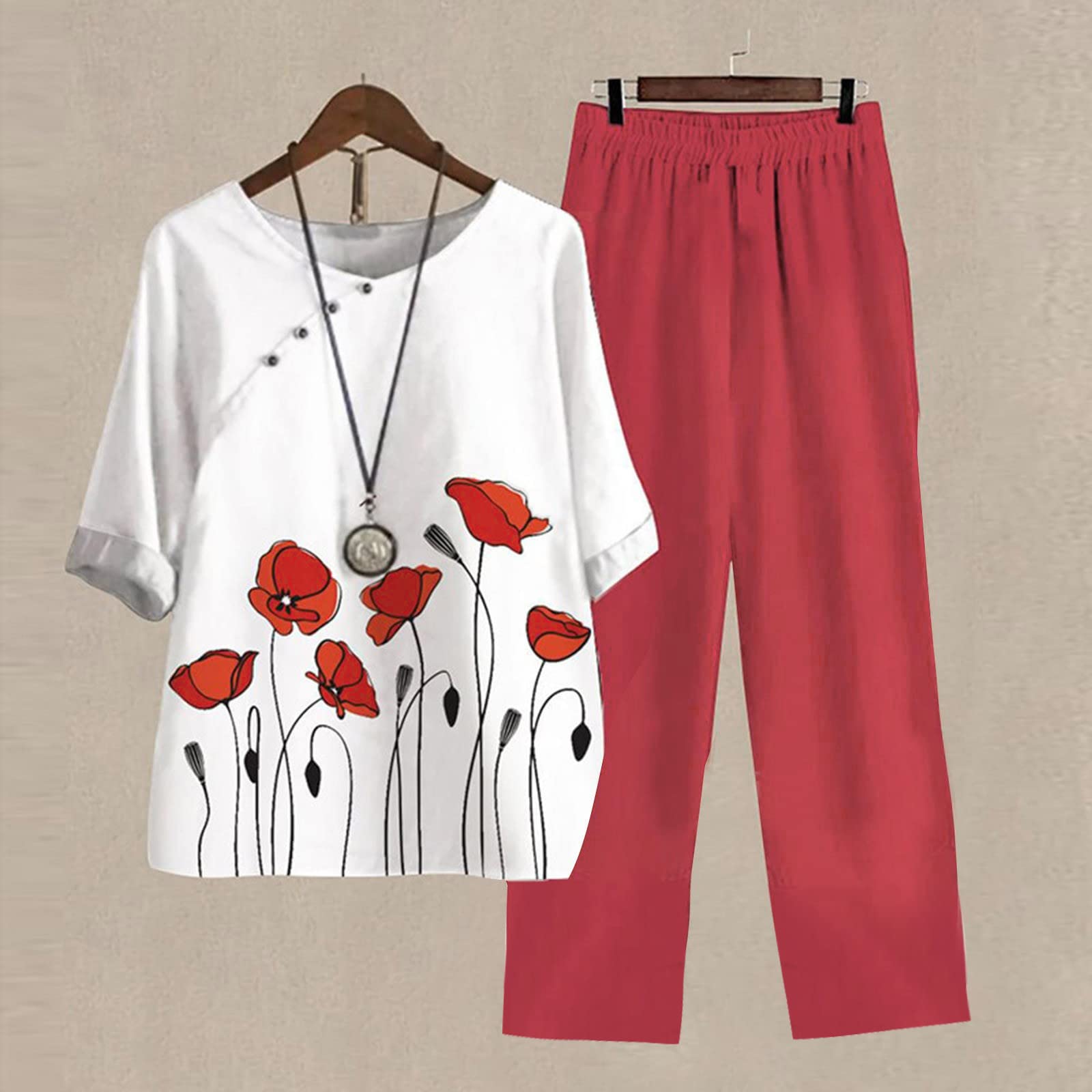 Women's Summer Linen Lounge Set - 2 Piece Outfit with Half Sleeve T-Shirt & Cotton Linen Pants | Plus Size Vacation Wear for Beach, Travel & Relaxation