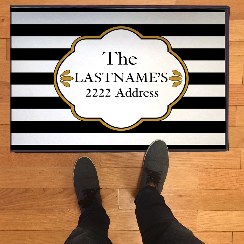 Custom Personalized Door Mat with Last Name & Address - 24x36 Inch Black and White Stripes Non-Slip Welcome Mat for Home Entrance - Perfect for Housewarming Gifts & Front Door Decor