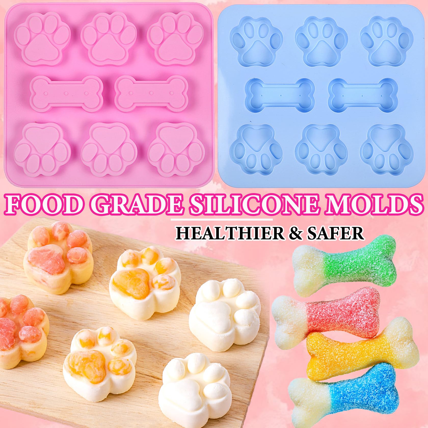 2 Packs Non-Toxic Food Grade Silicone Baking Molds - Cat Paw & Dog Bone Shapes for Chocolate, Candy, Jelly & Ice Cubes | Perfect for DIY Pet Treats, Party Favors & Holiday Desserts