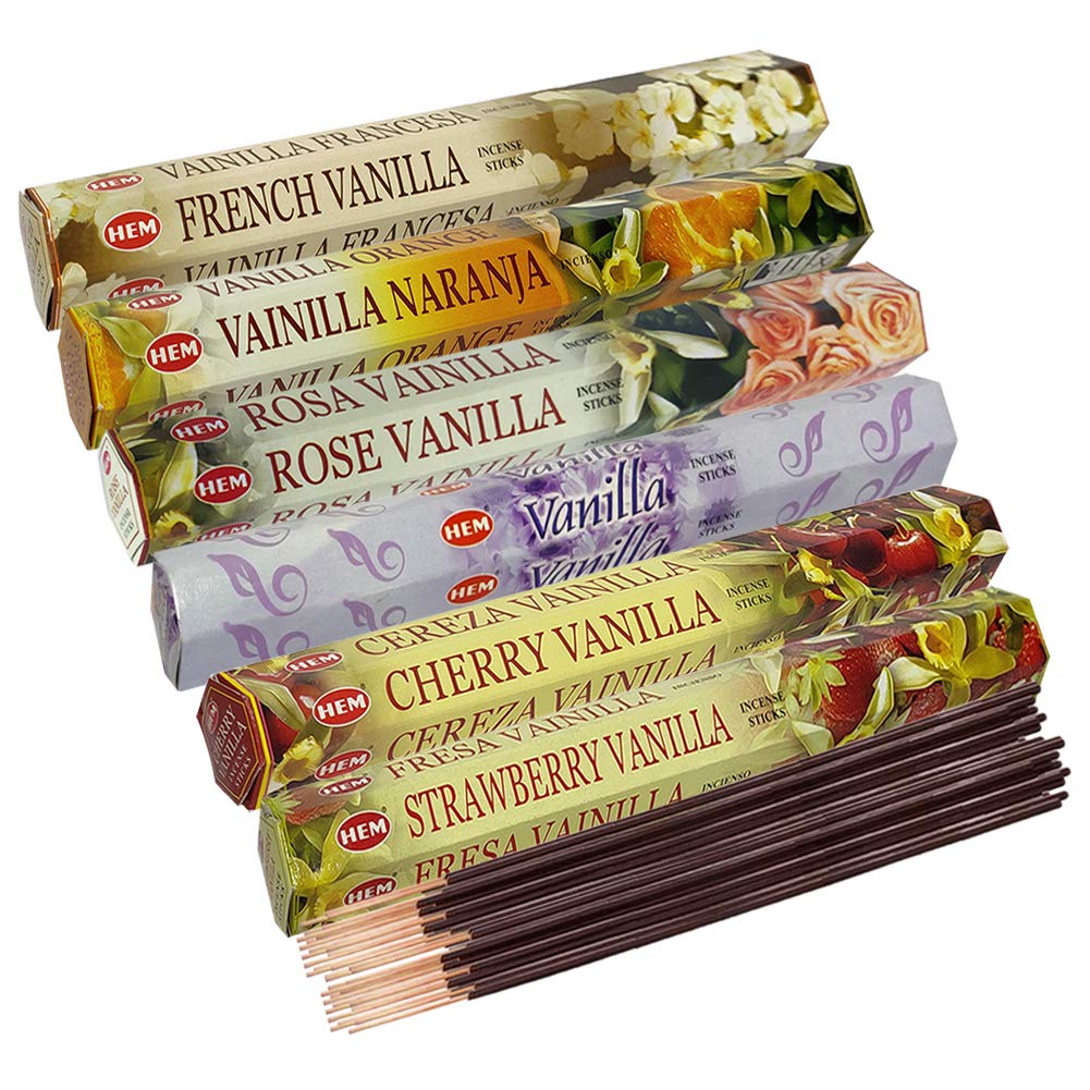 Premium Hem Incense Sticks Variety Pack #18 - 6 Vanilla Fragrance Sticks with Free Incense Holder | Aromatherapy, Meditation, Yoga & Home Relaxation