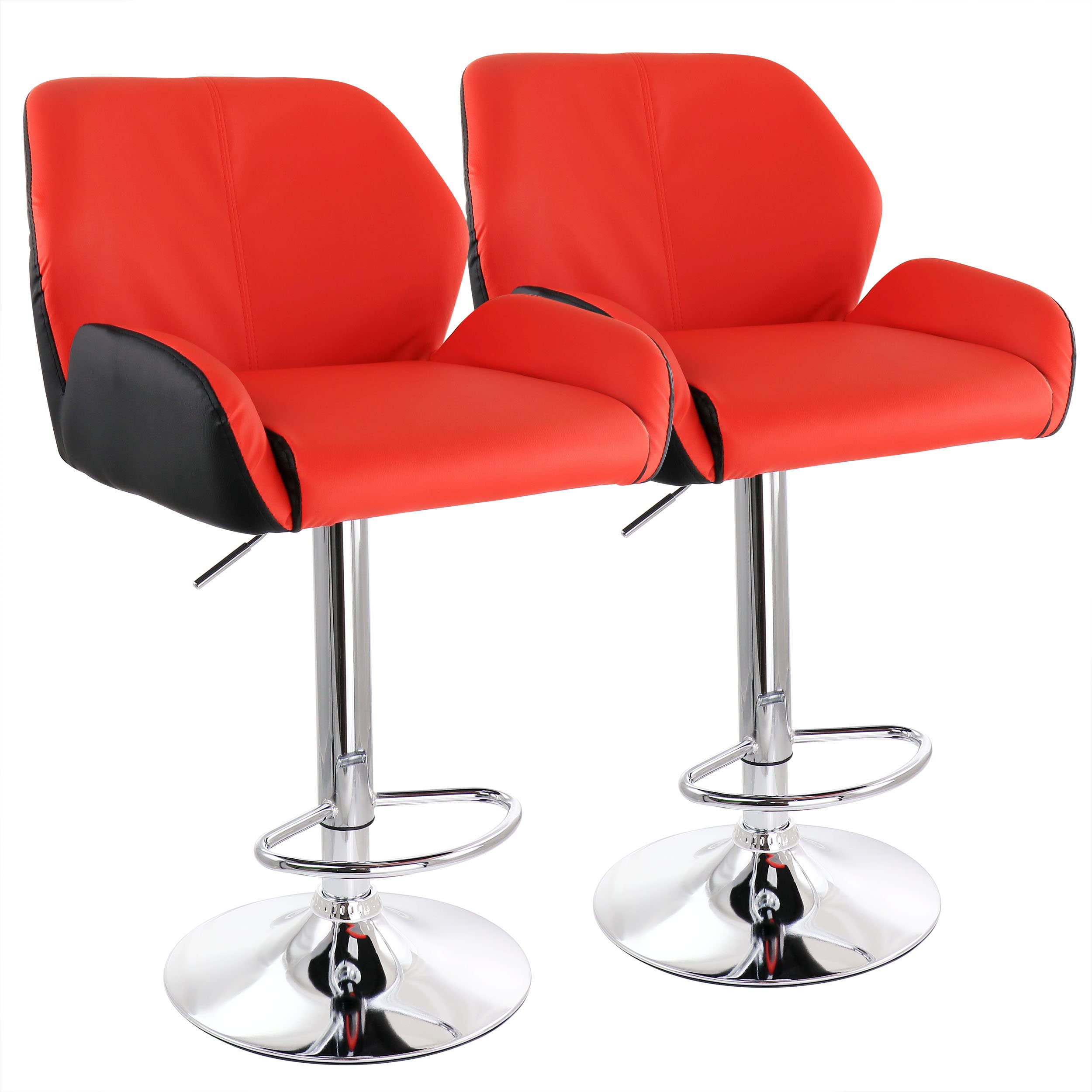 Elama 2-Piece Adjustable Bar Stool Set - Faux Leather Upholstery in Red & Black with Chrome Metal Base - Counter Height Stools for Kitchen Island, Breakfast Nook & Home Bar Decor