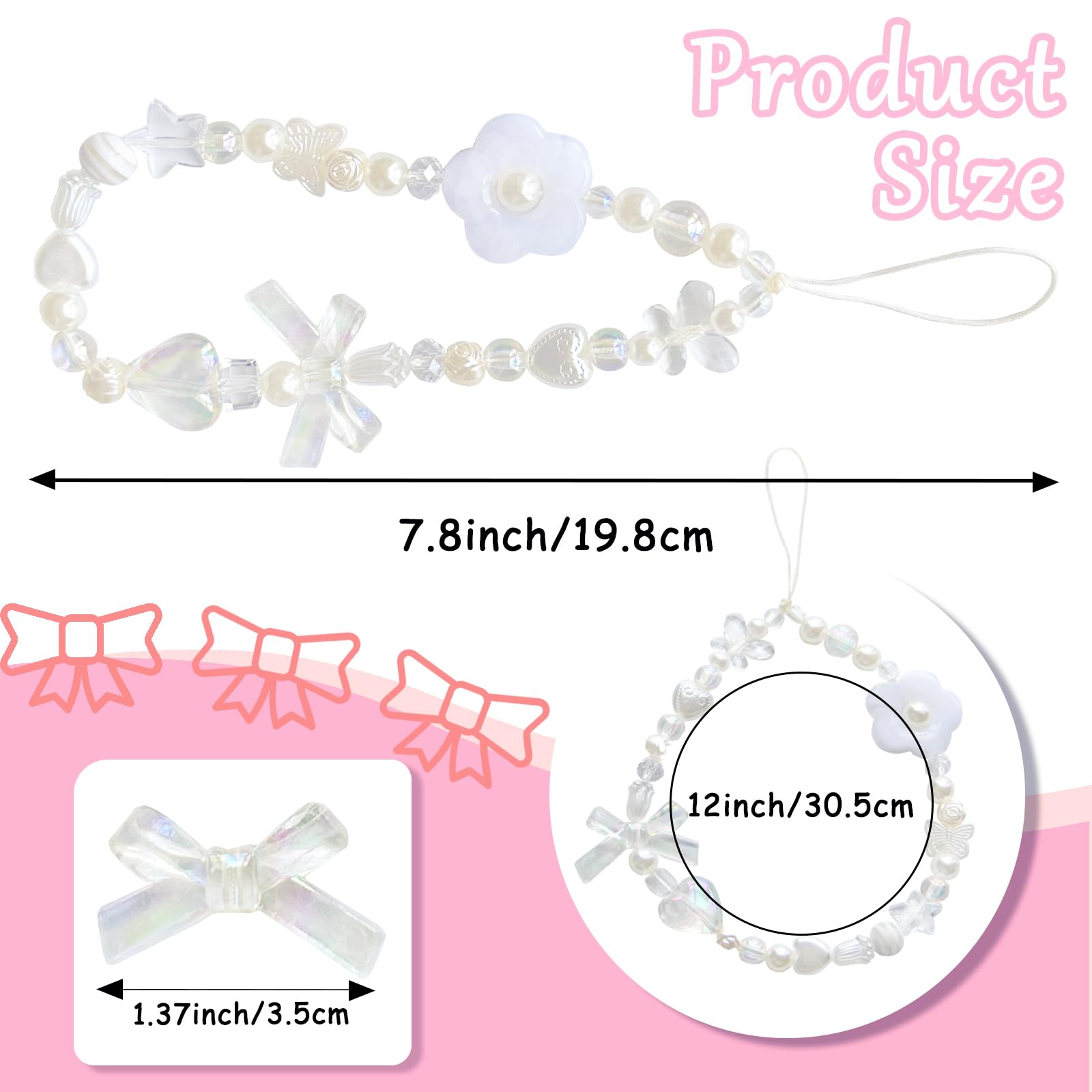 Cute Strawberry Phone Charms with Bowknot Heart - Aesthetic Beaded Phone Strap for iPhone, Samsung, AirPods & Keys - Kawaii Pink/White Accessory for Girls, Teens & Women (Perfect for School, Work & Travel)