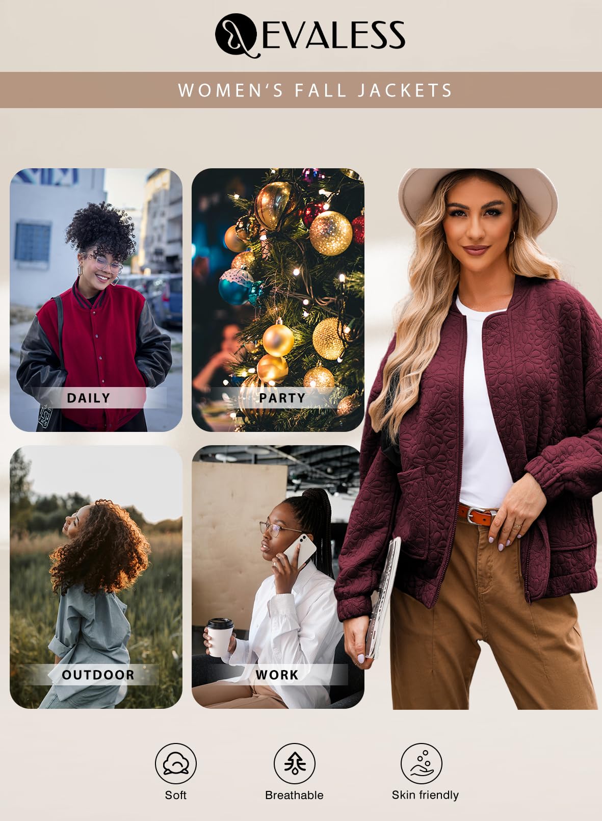 EVALESS Women's Lightweight Bomber Jacket - 2025 Spring Fashion Jacquard Coat, Zip-Up Casual Outerwear for Dressing Up or Daily Wear | Perfect for Office, Dating & Weekend Outings