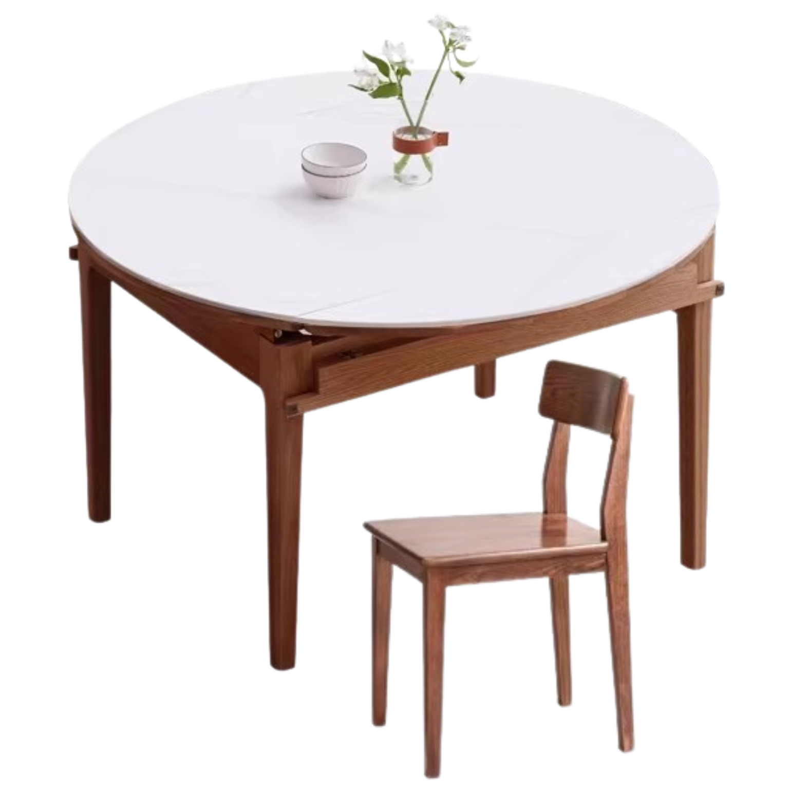 55.1x35.4-55.1x29.9 inch / 140x90сm - 140x76 cm / Walnut Color / Folding round table + 4 dining chair