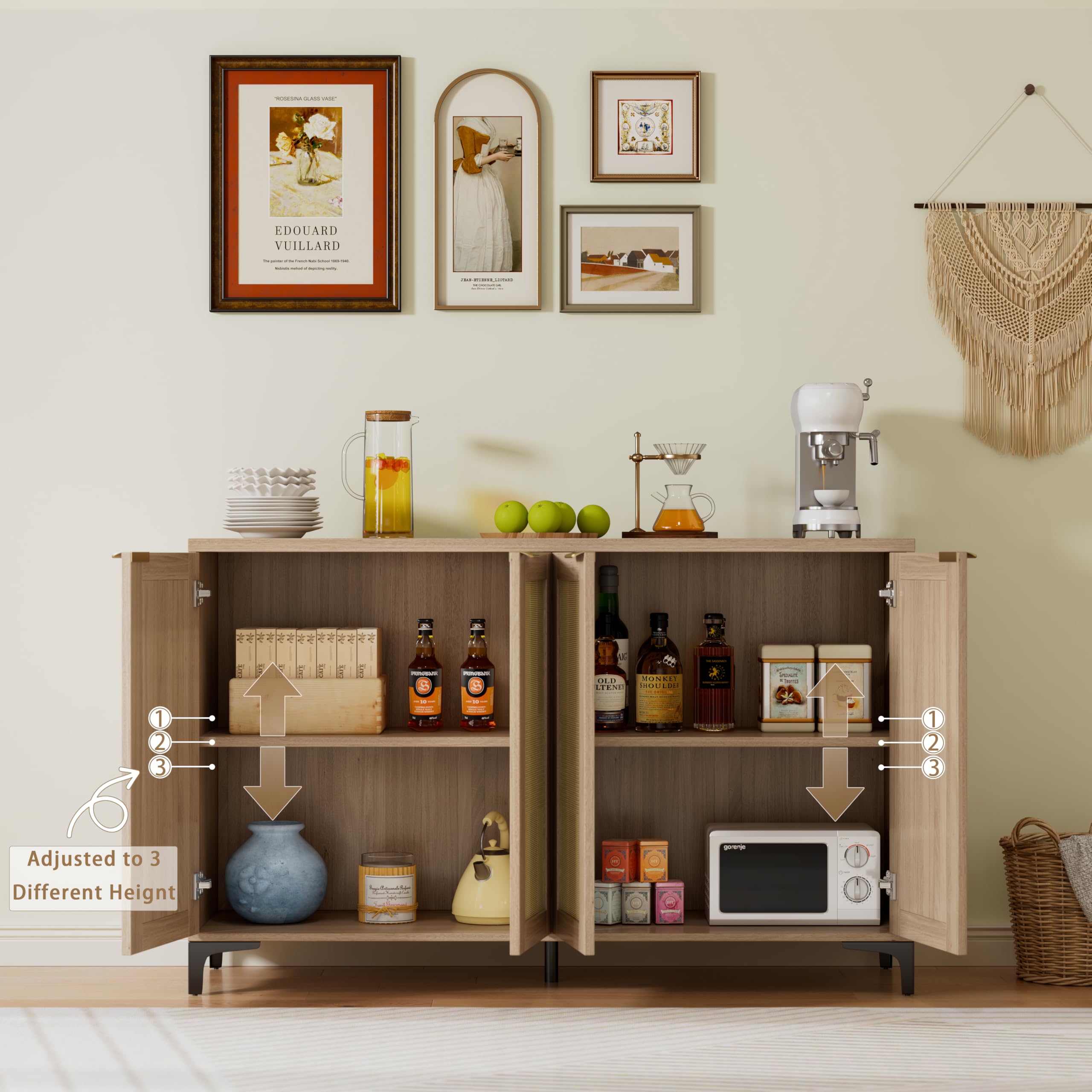 Rattan Sideboard Buffet Cabinet with 4 Doors, Adjustable Shelves & Metal Feet - Natural Wood Storage Console for Dining Room, Living Room | Perfect for Home Decor, Entertaining Guests & Organizing Dishes