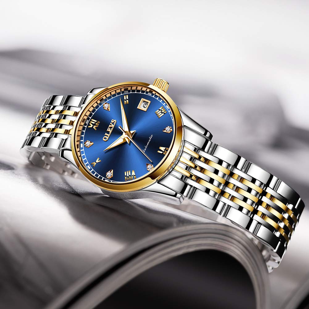 OLEVS Automatic Couple Watches for Men and Women - His and Hers Matching Mechanical Self-Winding Tourbillon Dress Watches with Day Date Calendar, Big Face, Two Tone - Perfect Anniversary Gift for Couples, Wedding, Valentine's Day & Special Occasions