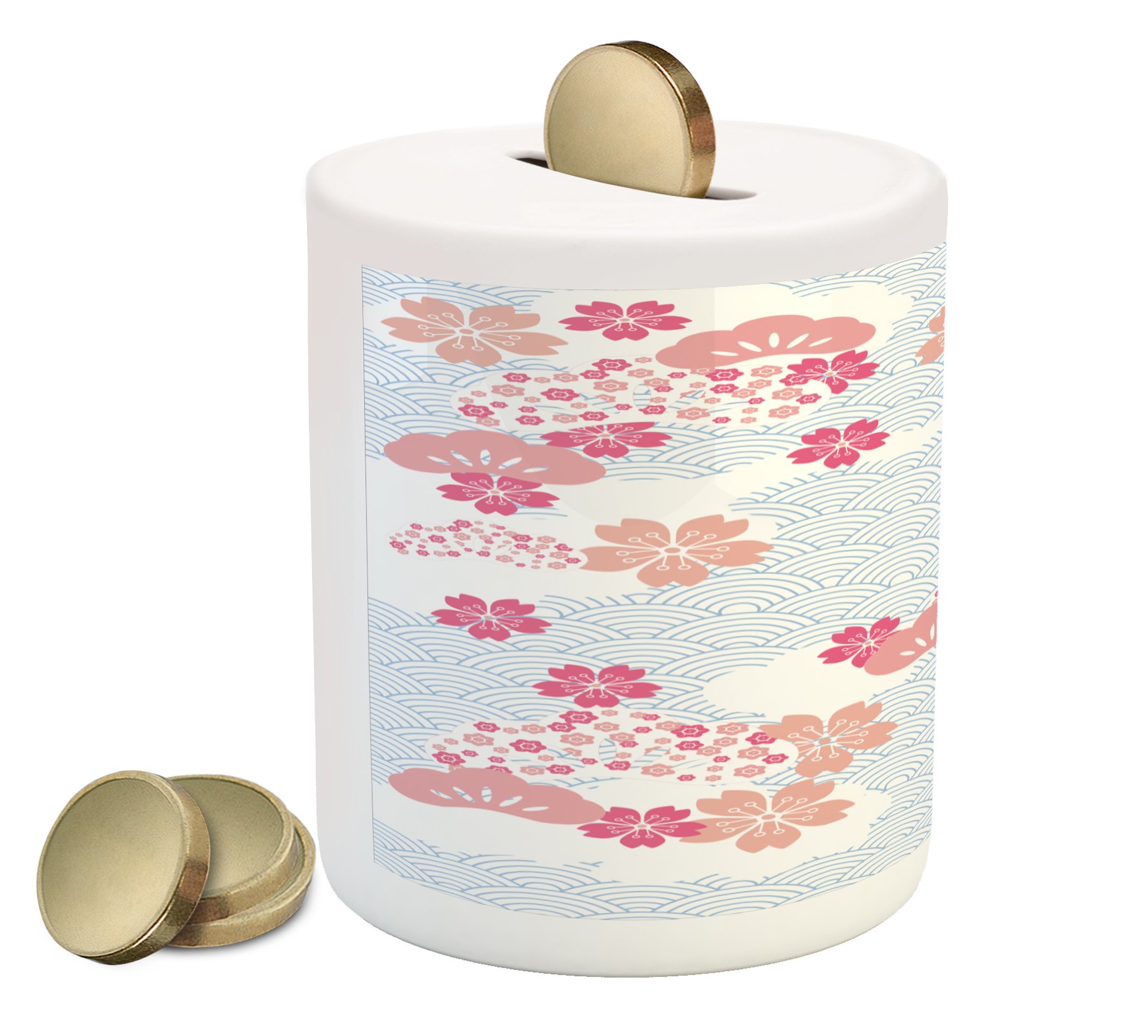 Ambesonne Japanese Ceramic Piggy Bank - Squama & Cherry Blossom Design, Rising Sun Pattern Coin Bank for Cash Savings (Peach, Dark Coral, Pale Blue) - Perfect Gift for Kids, Collectors & Japanese Culture Enthusiasts