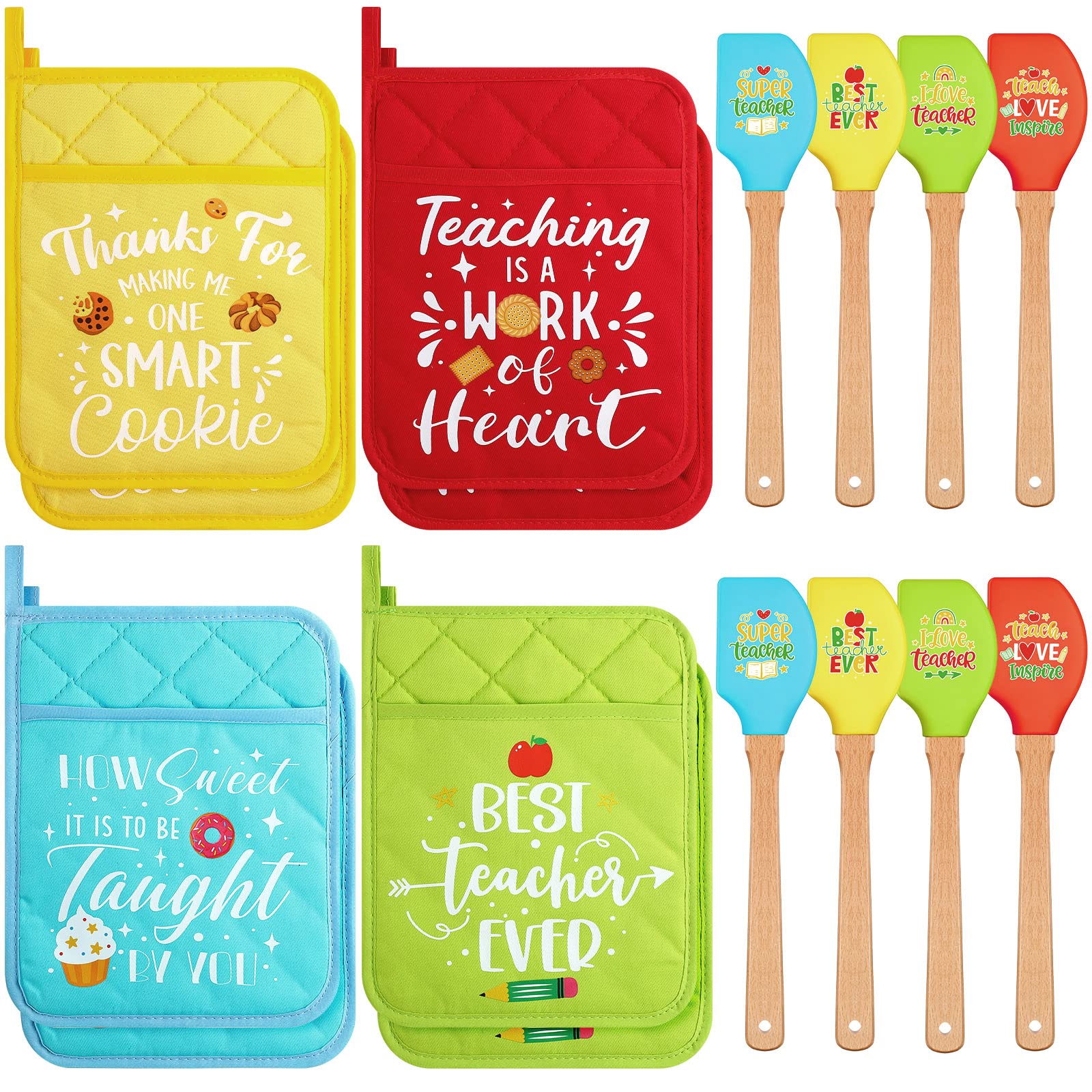Lallisa 16 Pcs Christmas Teacher Gifts - Heat Resistant Silicone Spatula Set with Wooden Handle for Baking & Cooking
