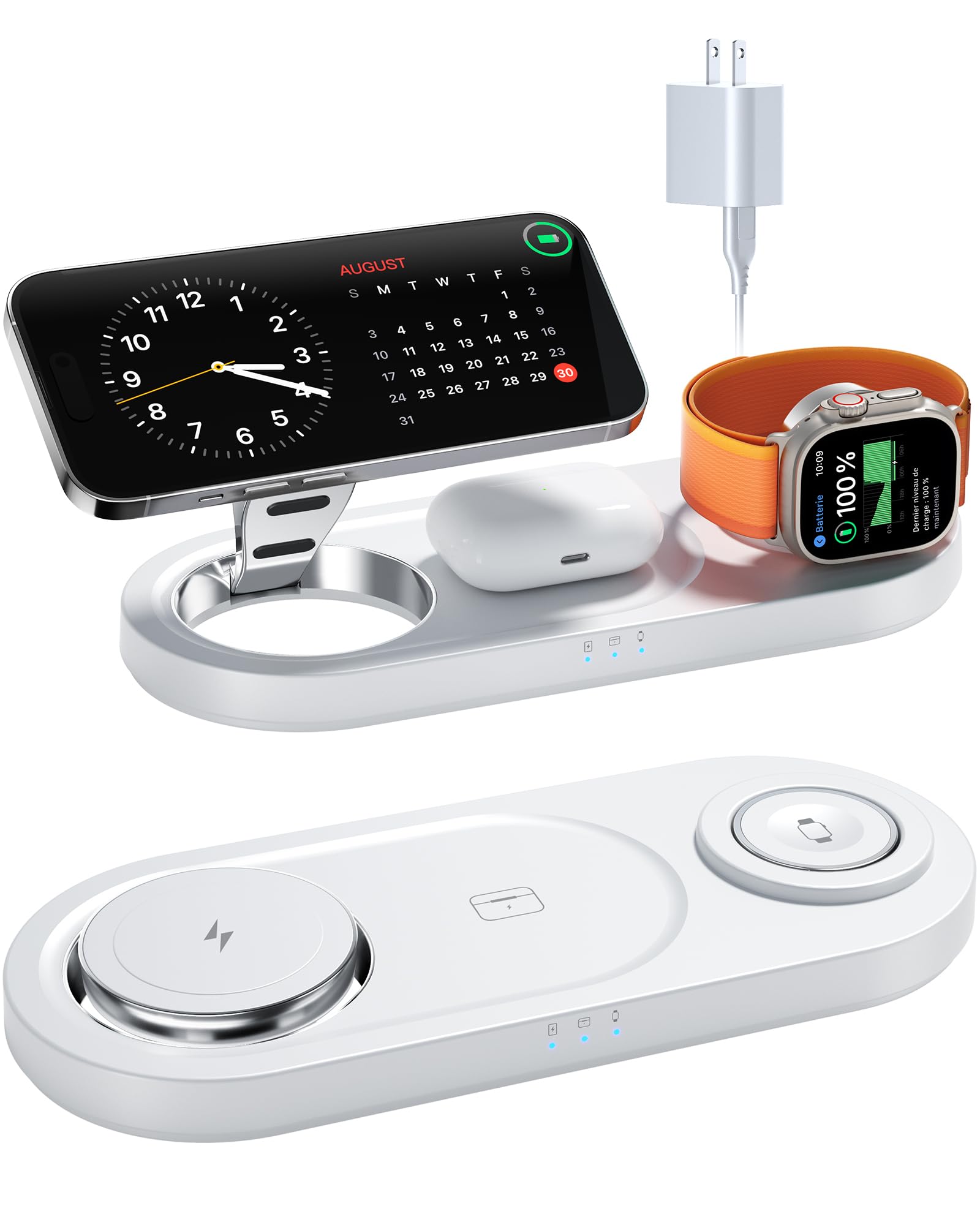 3 in 1 Magnetic Wireless Charger Stand for iPhone 16/15/14/13/12 Series, AirPods Pro & Apple Watch - Fast MagSafe Charging Station with Nano Technology - Perfect for Bedside, Office & Travel (White)