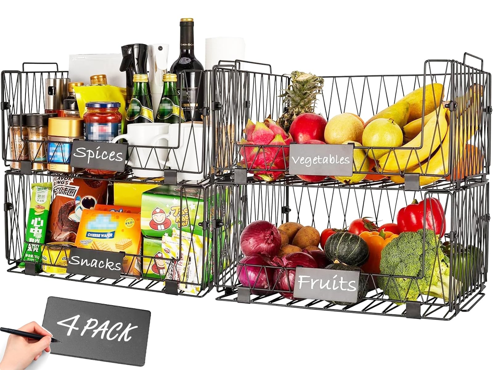 4-Pack XXL Kitchen Storage Baskets - Stackable Wire Pantry Organizers for Fruits, Vegetables, Snacks, Onions & Potatoes | Perfect for Kitchen Cabinets, Countertops & Pantry Organization
