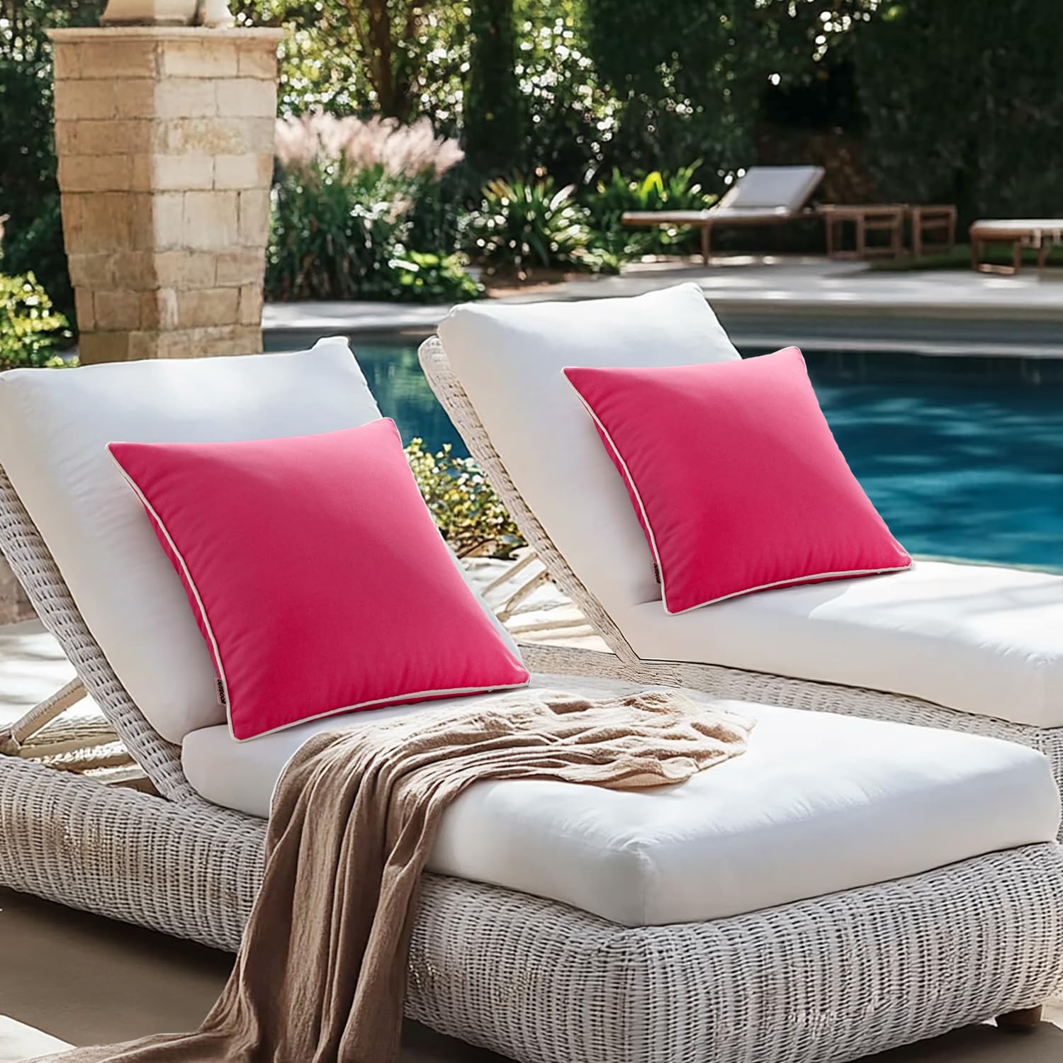 MIULEE 2-Pack Waterproof Outdoor Pillow Covers - 18x18 Inch Square Decorative Farmhouse Throw Pillows, Solid Hot Pink Couch Cushion Covers for Patio, Tent, Bed, Sofa & Living Room | Perfect for Spring Decor & Outdoor Furniture Protection