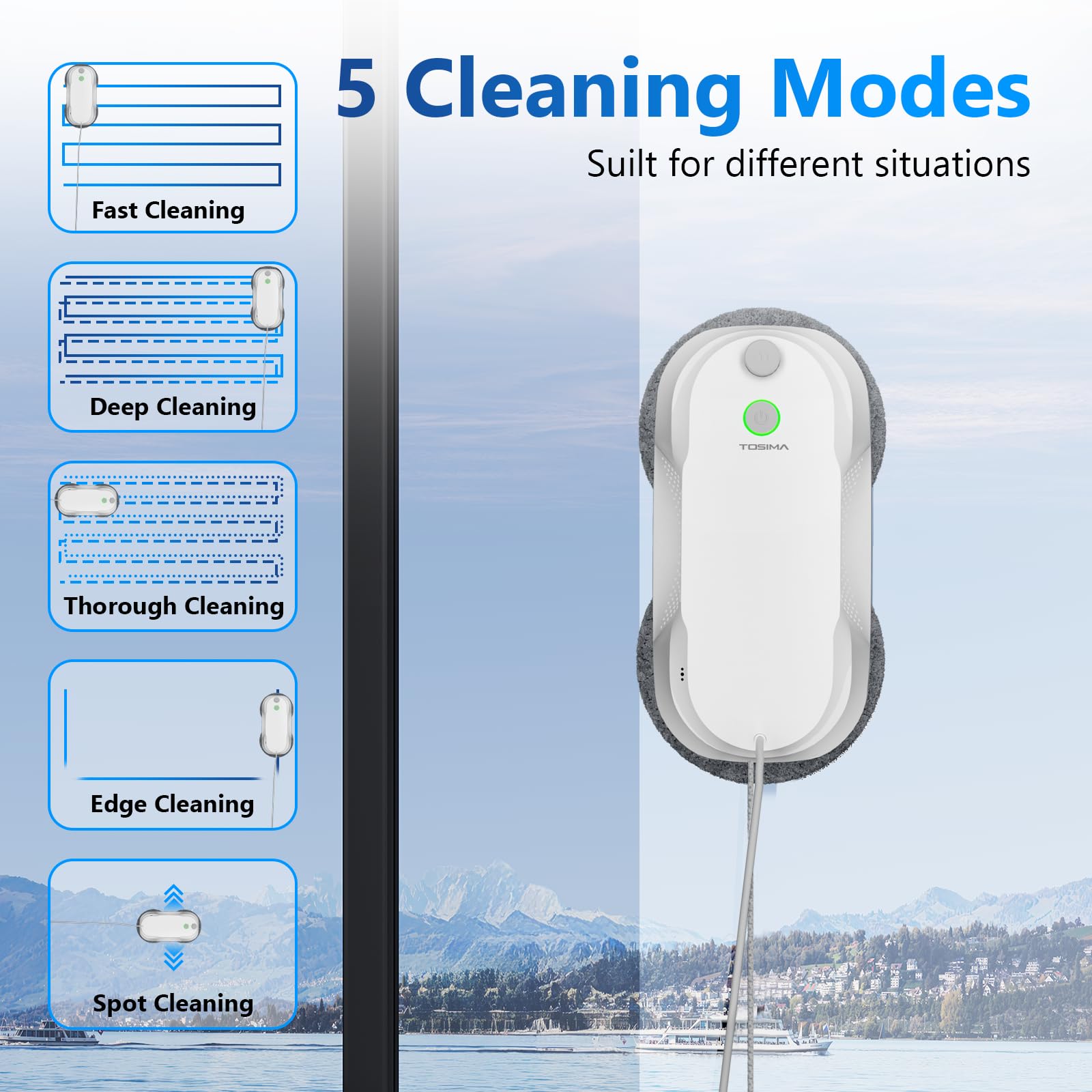 Tosima W5 Smart Window Cleaning Robot - Auto-Spray, Triple Safety System & Smart Navigation | Remote Control Window Cleaner for Glass & Smooth Surfaces | Includes 8 Microfiber Pads | Perfect for High-Rise Windows, Skylights & Glass Doors (White)
