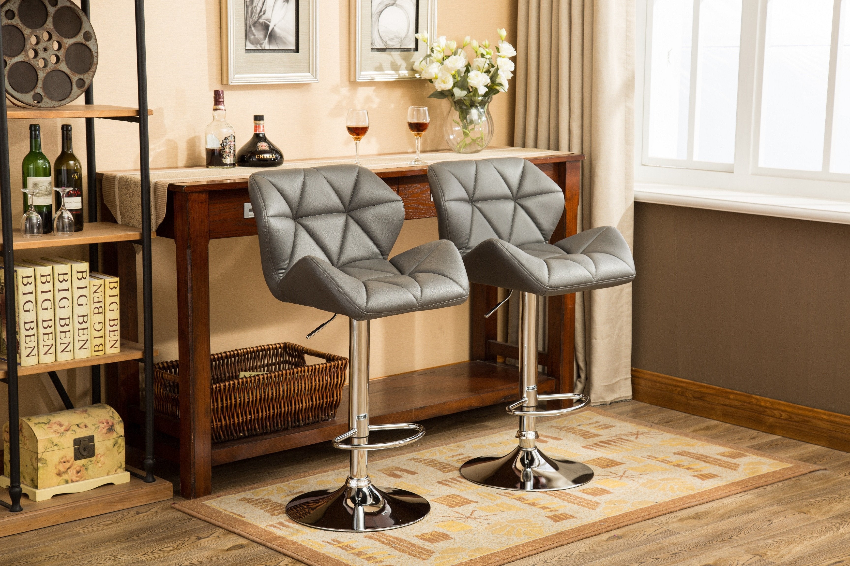 Roundhill Furniture Glasgow Contemporary Tufted Adjustable Height Hydraulic Bar Stools, Grey, Set of 2 - Perfect for Kitchen Islands, Home Bars & Modern Dining Areas
