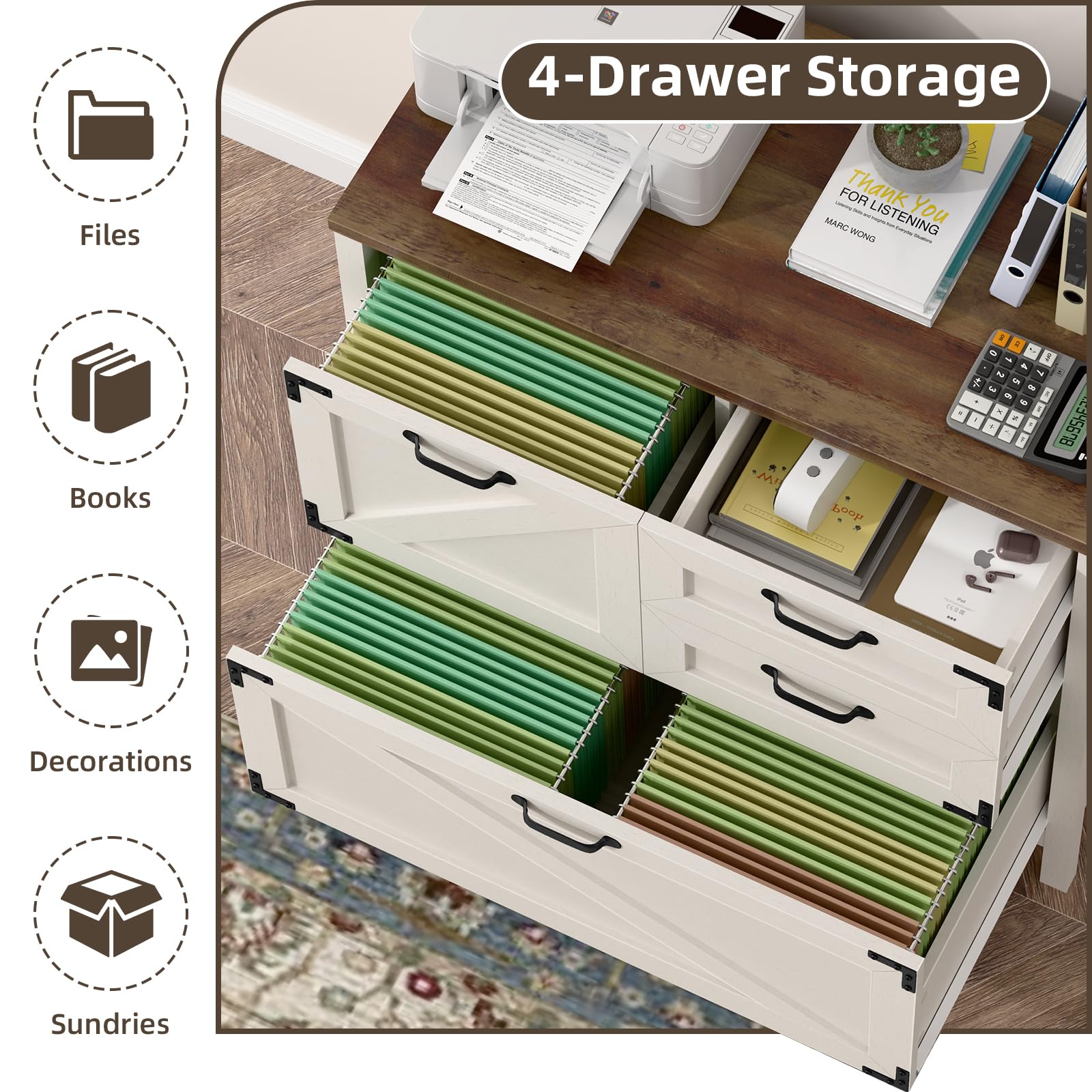 4-Drawer Wood Lateral File Cabinet for Hanging Files - Letter/A4/Legal Size Storage - Farmhouse Style Home Office Furniture with Printer Stand (White & Brown) - Perfect for Organizing Documents in Small Offices, Study Rooms & Workspaces