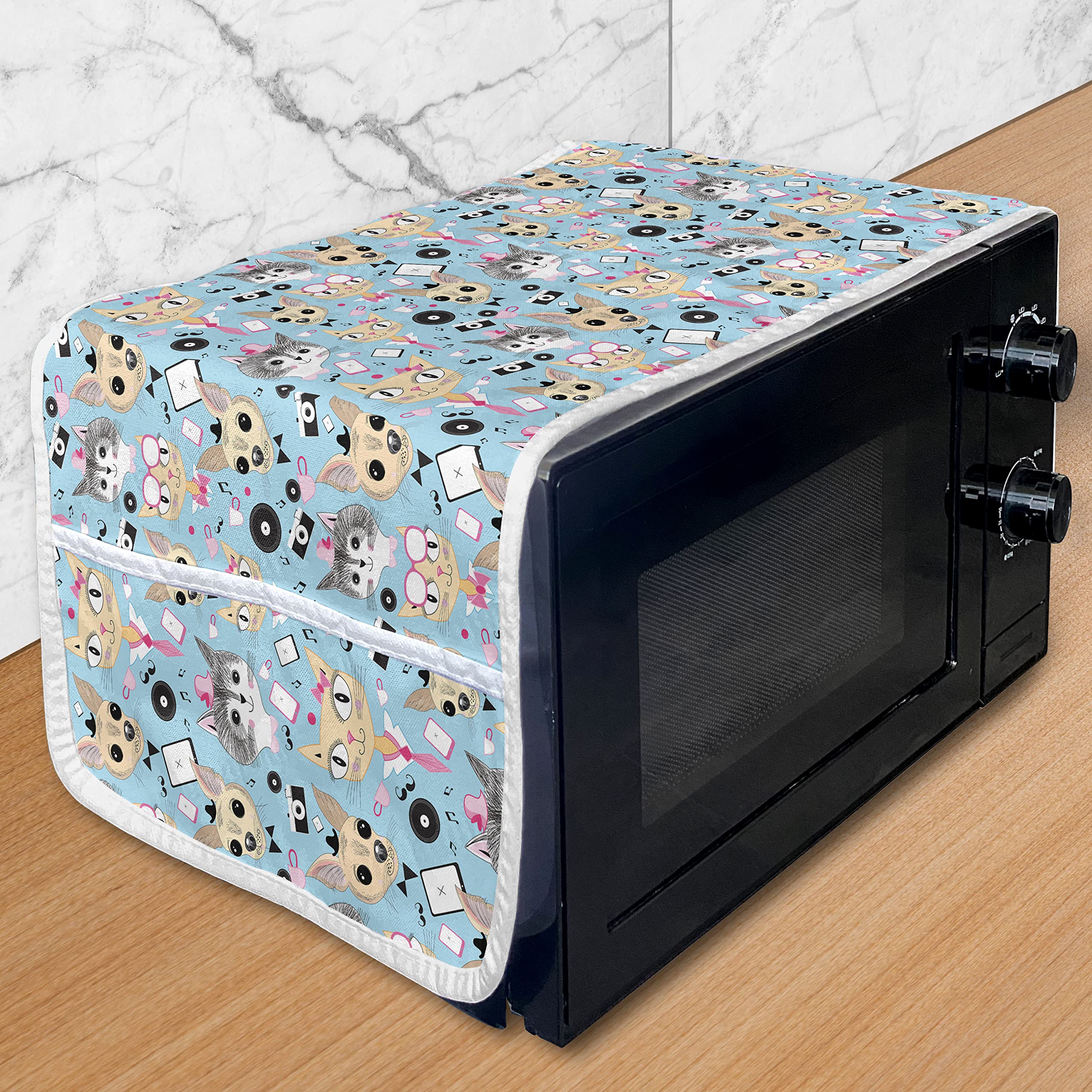Ambesonne Retro Microwave Cover - Waterproof Kitchen Organizer with Pockets, 36x12 Inch - Vintage Animal Print Featuring Bow Tie Cat & Hat Dog on Blue Background - Perfect for Small Kitchen Appliances & Countertop Storage