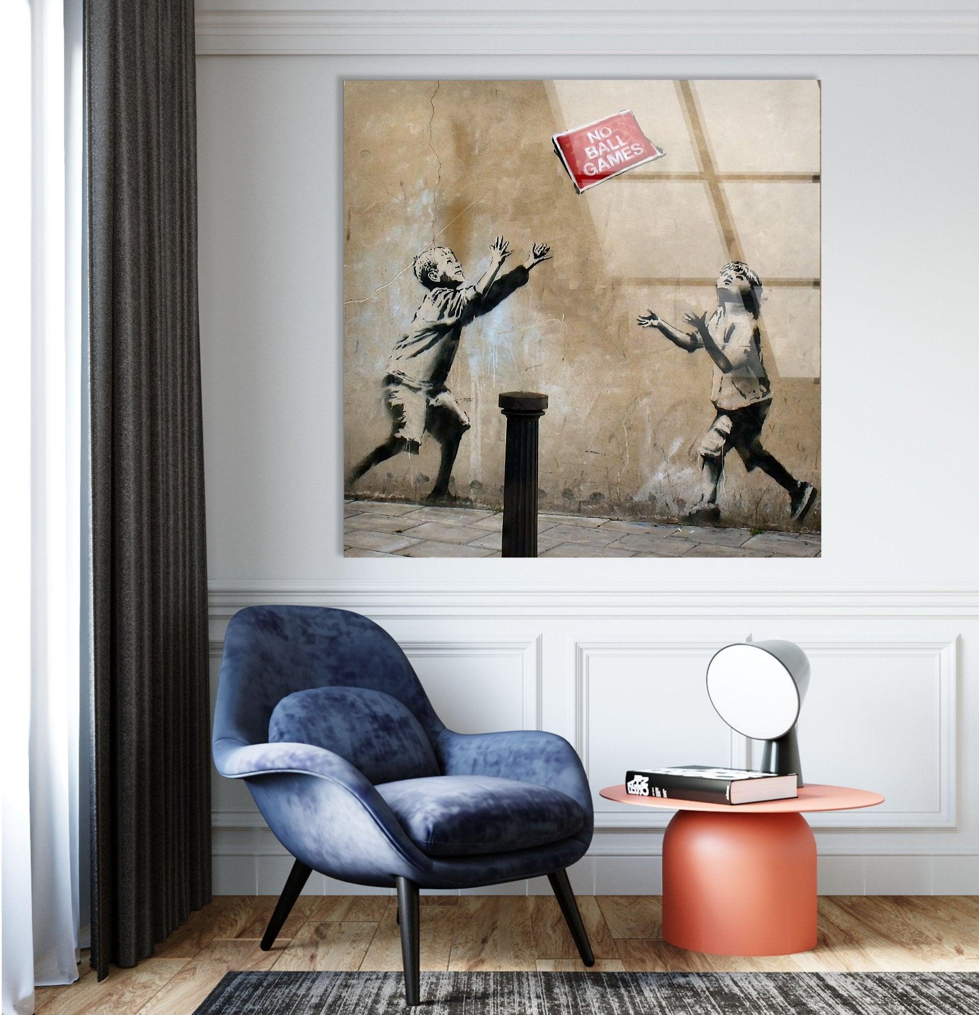 Banksy No Ball Games Glass Wall Art - Stunning Home Decor for Living Room, Office & Gift Ideas