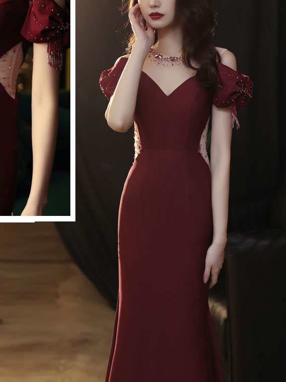 Elegant Burgundy Round Neck Satin Mermaid Long Prom Dress for Women - Formal Evening Gown for Homecoming, Wedding, and Special Occasions