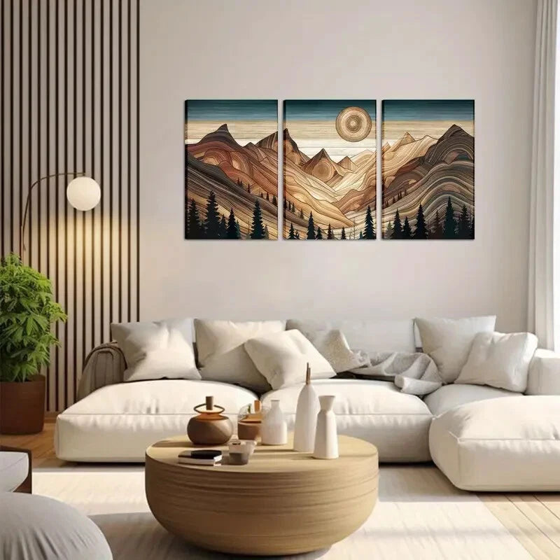 3-Piece Abstract Sun Mountain Metal Wall Art - Ready to Hang Modern Home Decor for Living Room, Bedroom & Office