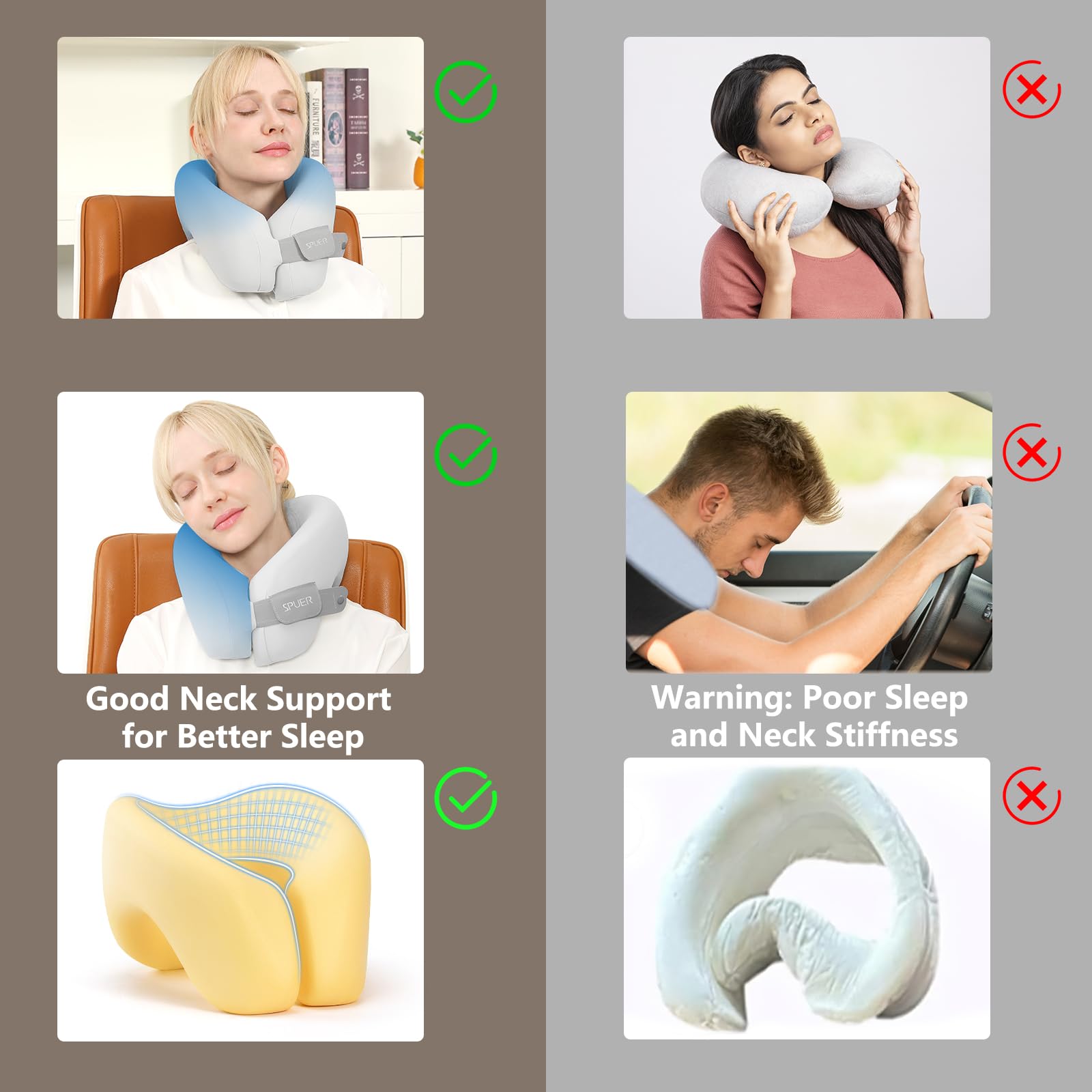 2in1 Ergonomic Memory Foam Travel Neck Pillow - 2025 Upgraded Support for Airplane, Car & Train Travel | Adjustable Velcro Strap & Drawstring Bag (Gray) | Perfect for Sleeping Upright on Flights, Road Trips & Commuting