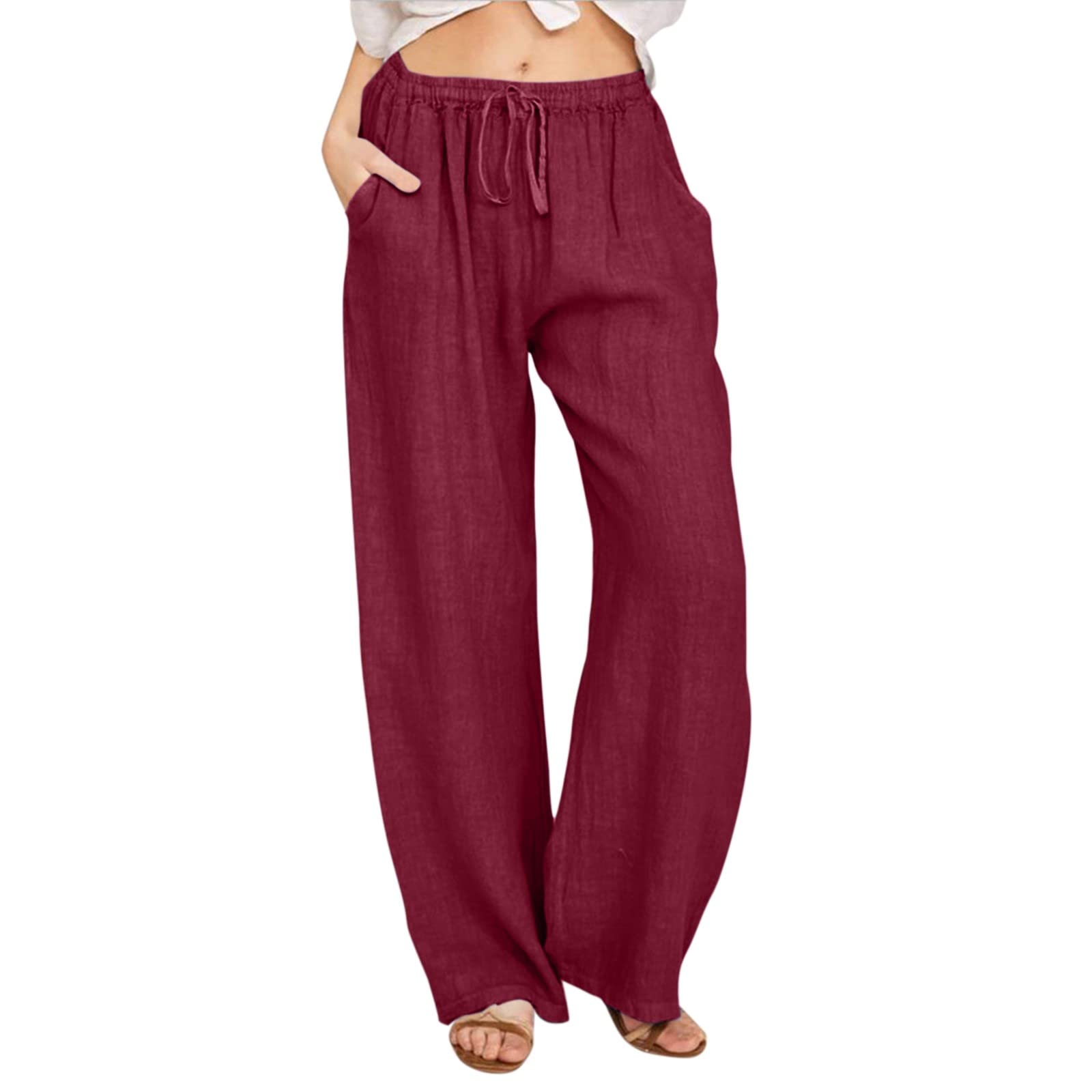 Women's Solid Color Linen Yoga Pants - Loose Fit Tether Trousers for Petite Women | Breathable Summer Outfits for Yoga, Lounge & Casual Wear