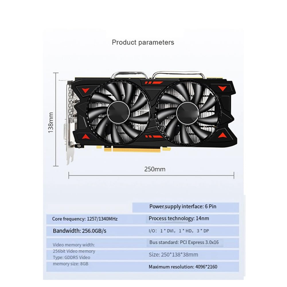 Komdndht RX580 8G GDDR5 Gaming Graphics Card - Dual Fan Cooling, 7000MHz, 256-bit, 4K Ready - Perfect for PC Gaming, VR, Video Editing & Cryptocurrency Mining