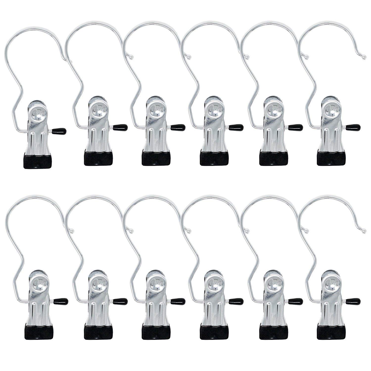 12 Pack Chrome Laundry Hooks - Heavy Duty Clothes Pins for Hanging Pants, Boots & Jackets - Space Saving Closet & Dorm Organization Accessories