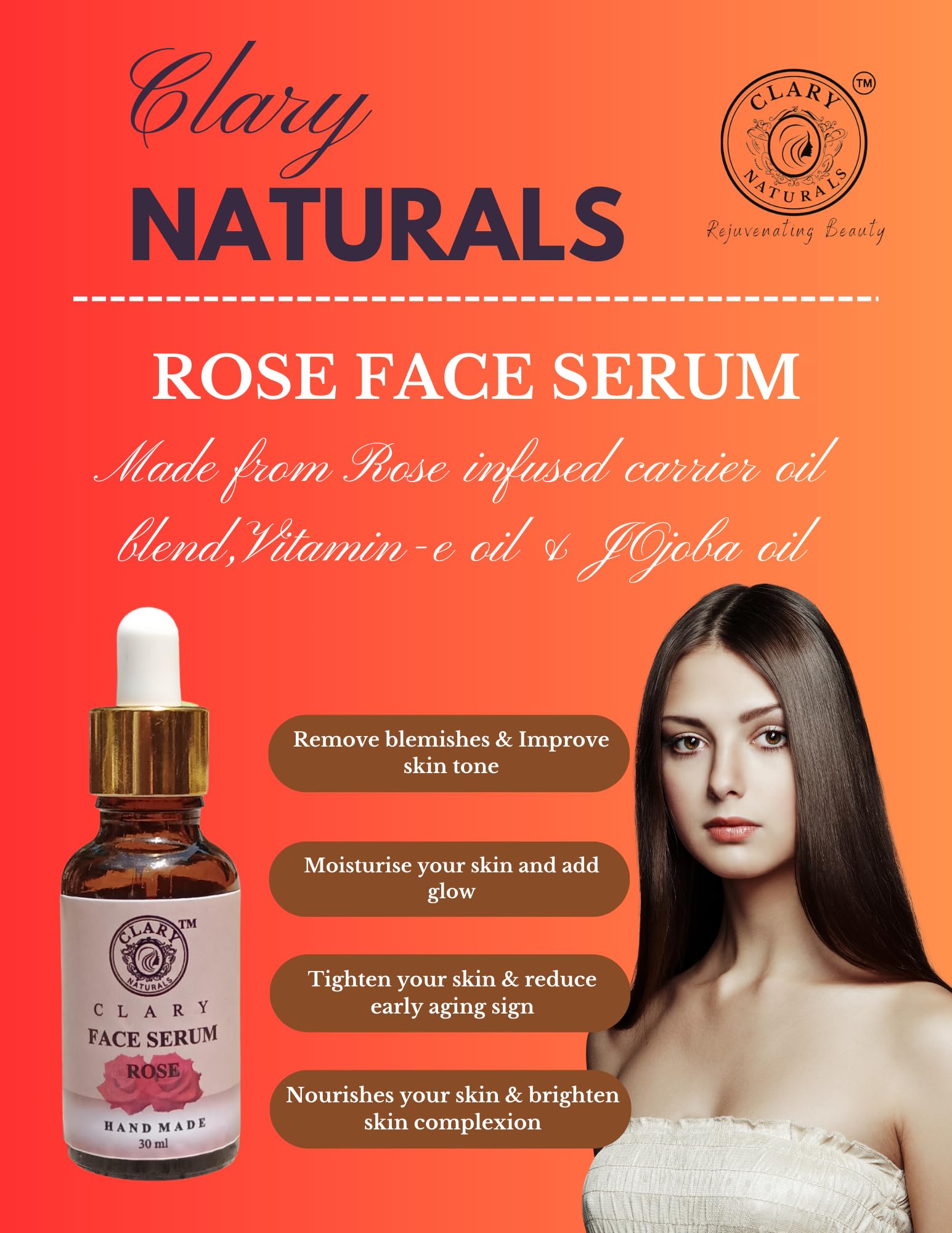 Clary Naturals Rose Face Serum with Rose Essential Oil & Jojoba Oil | Vitamin E for Skin Repair, Blemish Reduction & Brightening | Paraben-Free Skincare for Women & Men | 30ml | Perfect for Daily Hydration & Nighttime Skin Rejuvenation