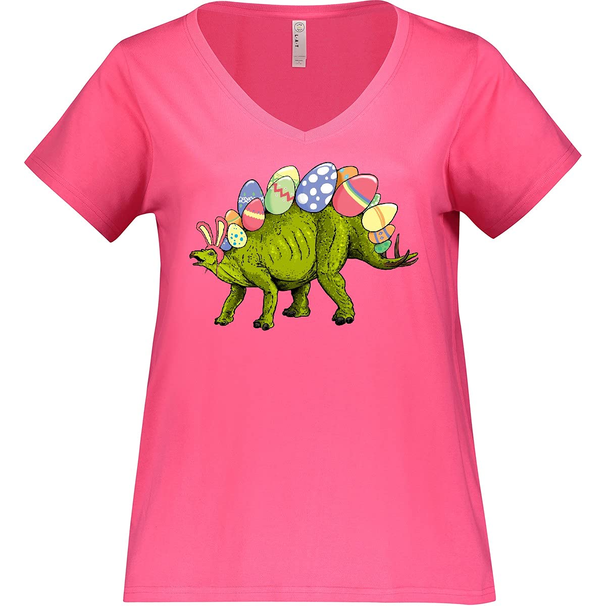 Inktastic Easter Bunny Stegosaurus with Eggs Pink Women's Plus Size V-Neck T-Shirt - Cute Dinosaur Graphic Tee for Spring, Easter Outfits & Casual Wear