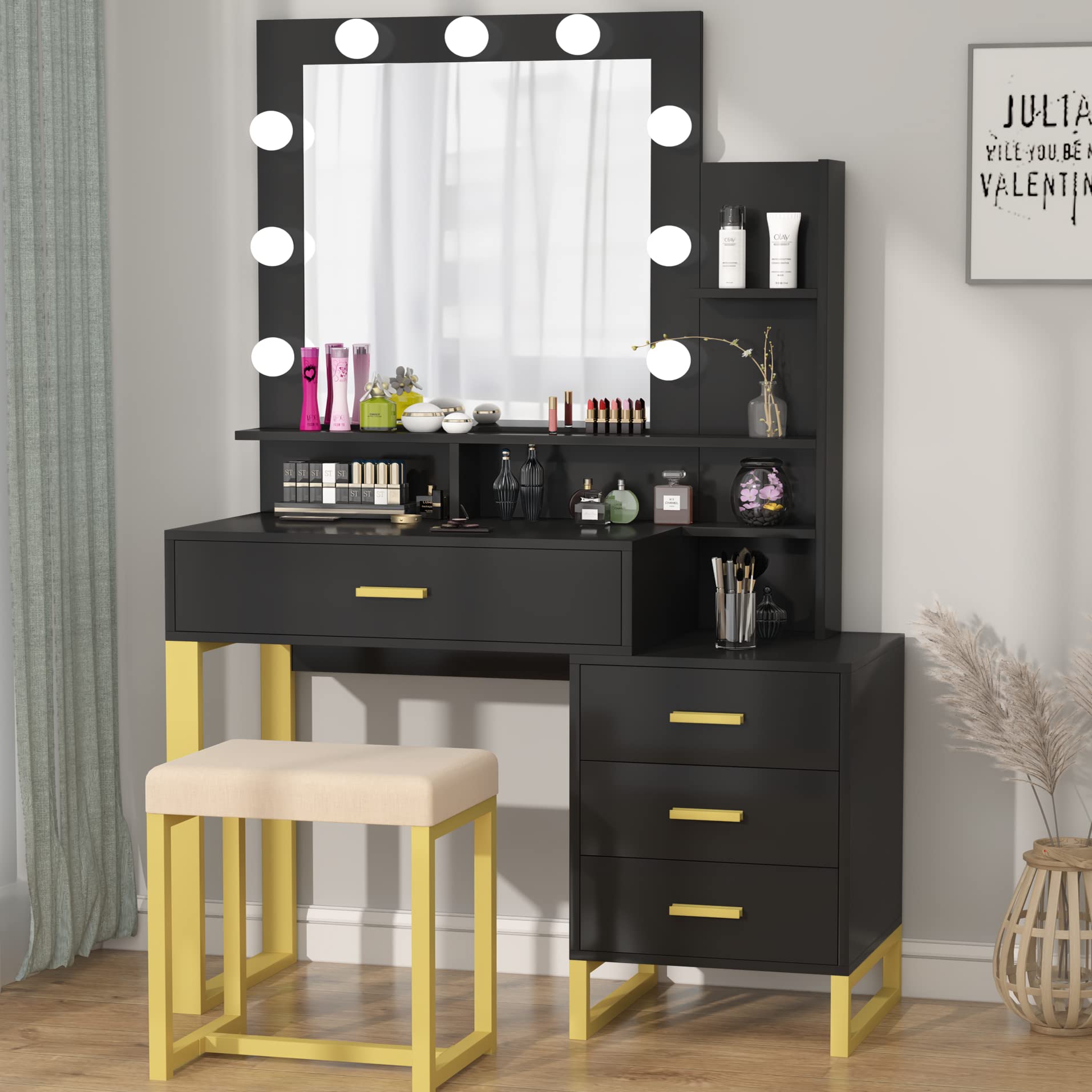 PAKASEPT Vanity Set with LED Lighted Mirror, Makeup Dressing Table with Storage Drawers & Shelves, Includes Cushioned Stool - Perfect Small Vanity Desk for Bedroom, Bathroom & Dorm Room Organization