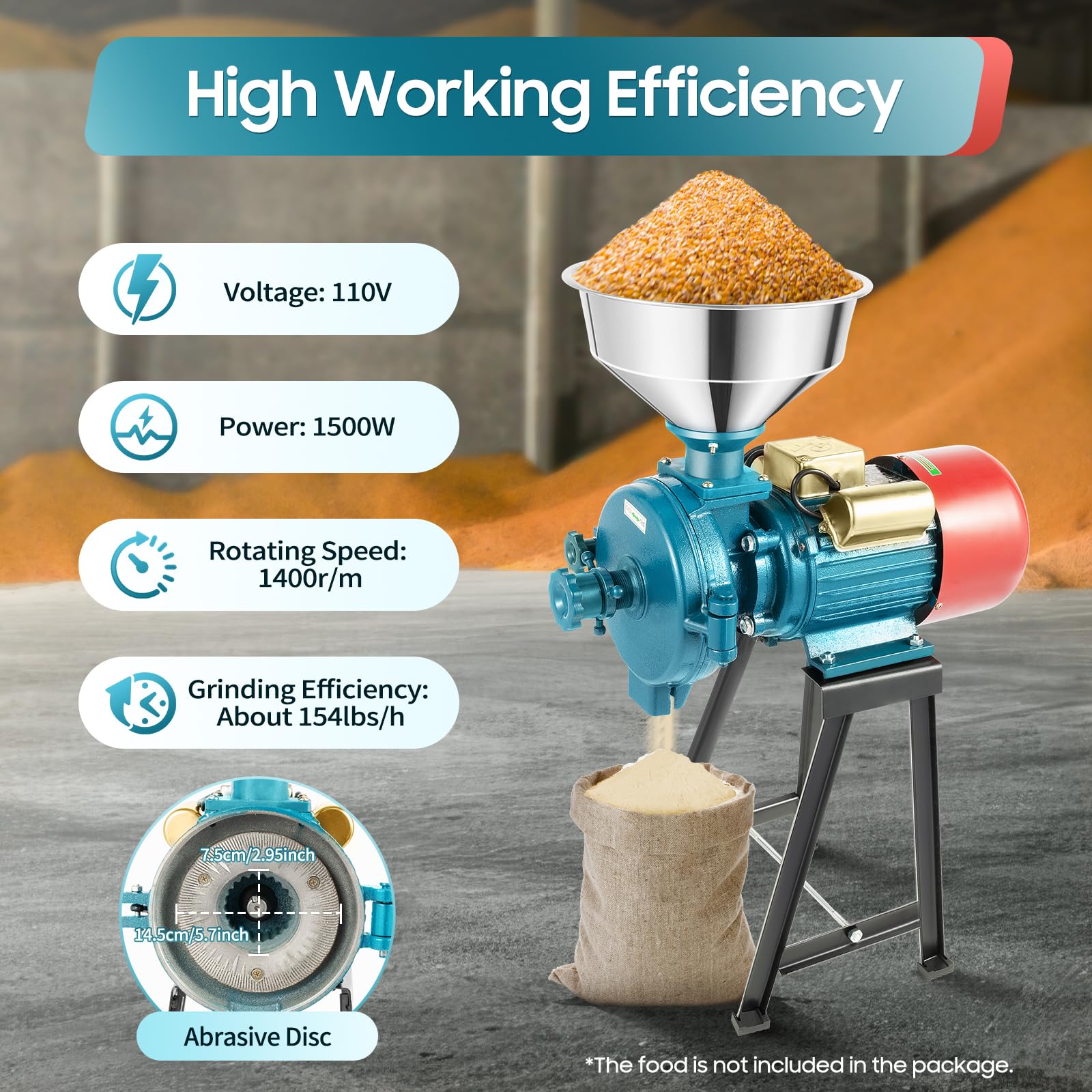 1500W Commercial Electric Grain Mill Grinder - Heavy Duty Corn, Wheat, Coffee & Cereals Grinding Machine with Funnel (110V, 1400r/min) - Perfect for Home, Bakery & Coffee Shop Use