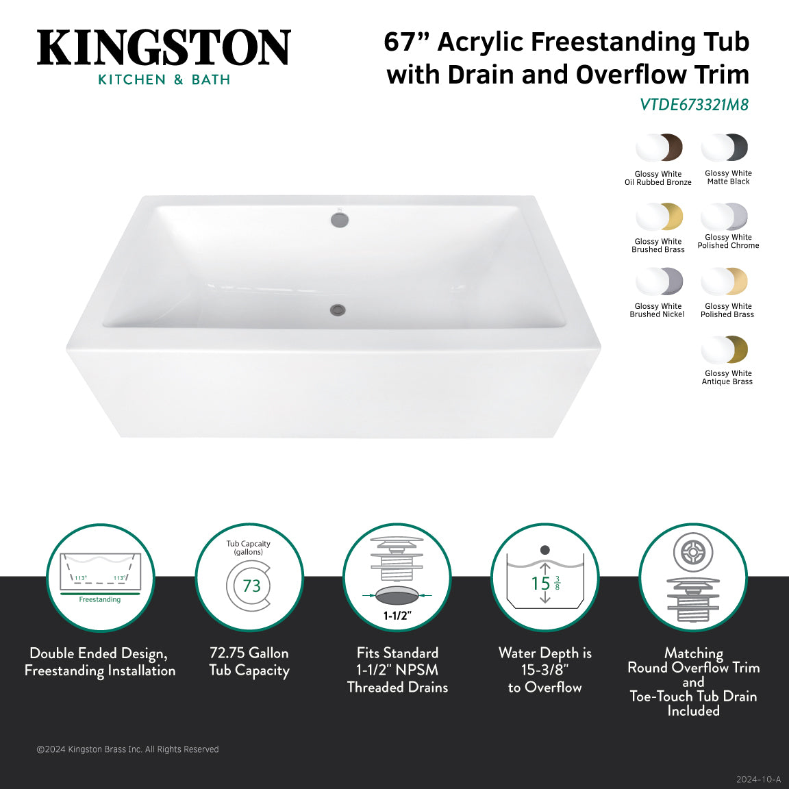 Aqua Eden 67-Inch Acrylic Freestanding Bathtub - Rectangular Double-Ended Soaking Tub with Overflow Drain, Glossy White & Brushed Brass Finish | Perfect for Luxury Bathrooms, Spa Retreats & Master Suites
