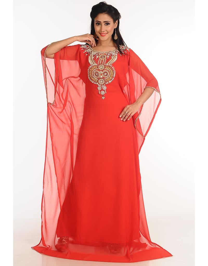 Exquisite Arabic Red Georgette Farasha with Handcrafted Zari Embroidery - Perfect for Weddings, Festivals & Special Occasions