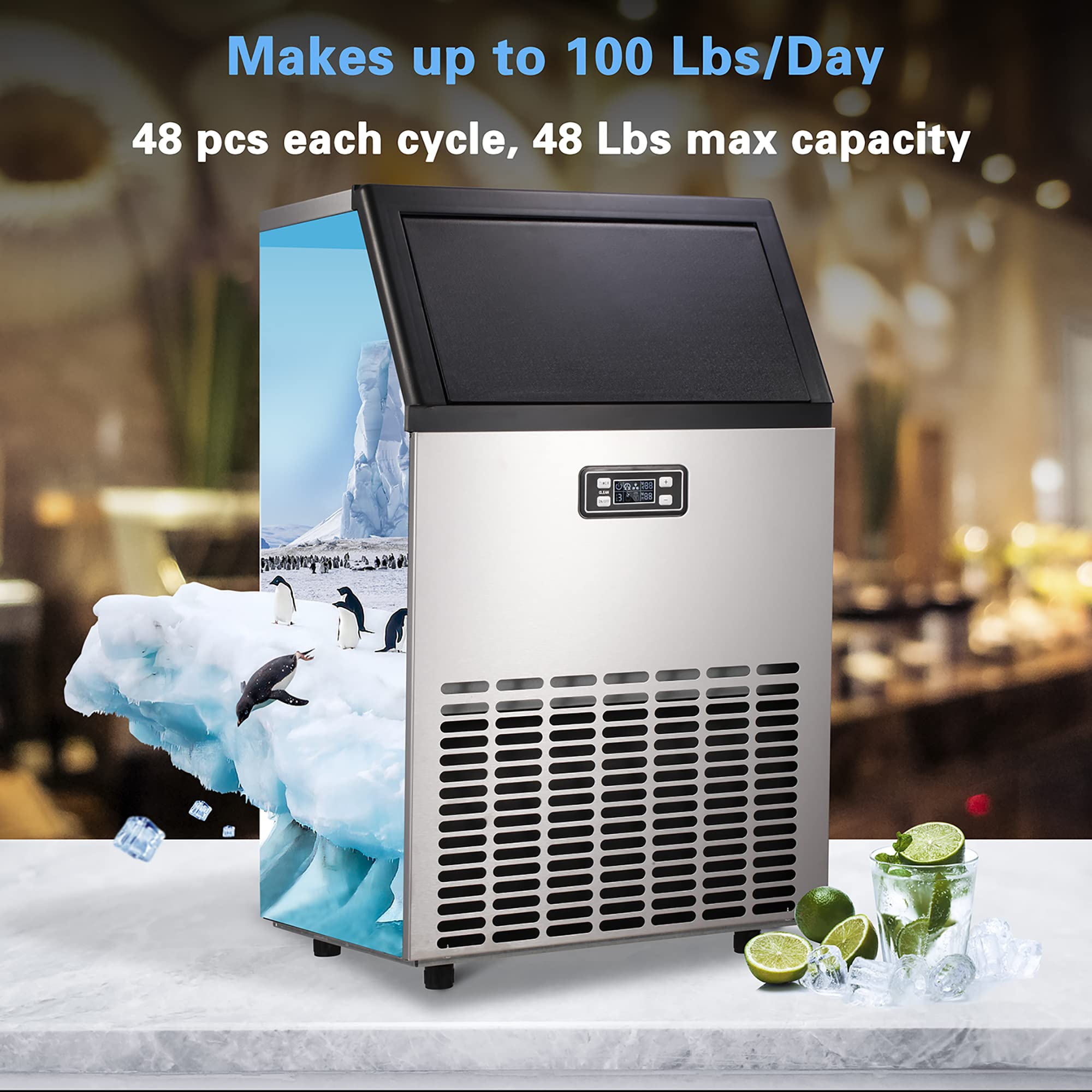 Commercial Ice Maker Machine 100Lbs/Day - 48Lbs Capacity Stainless Steel Ice Machine for Restaurants, Bars, Home & Office Use - Includes Ice Scoop - Perfect for Cocktails, Beverages & Food Preservation