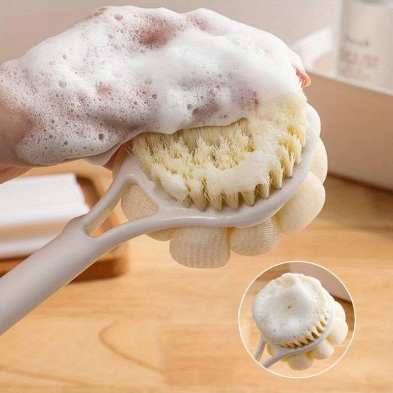 KIDPALACE Dual-Sided Body Scrubber Brush with Bristles & Loofah - Exfoliating Shower Brush for Deep Cleansing & Massage - Long Handle Bath Brush for Back, Feet & Skin Care - Perfect for Spa, Home & Travel Use