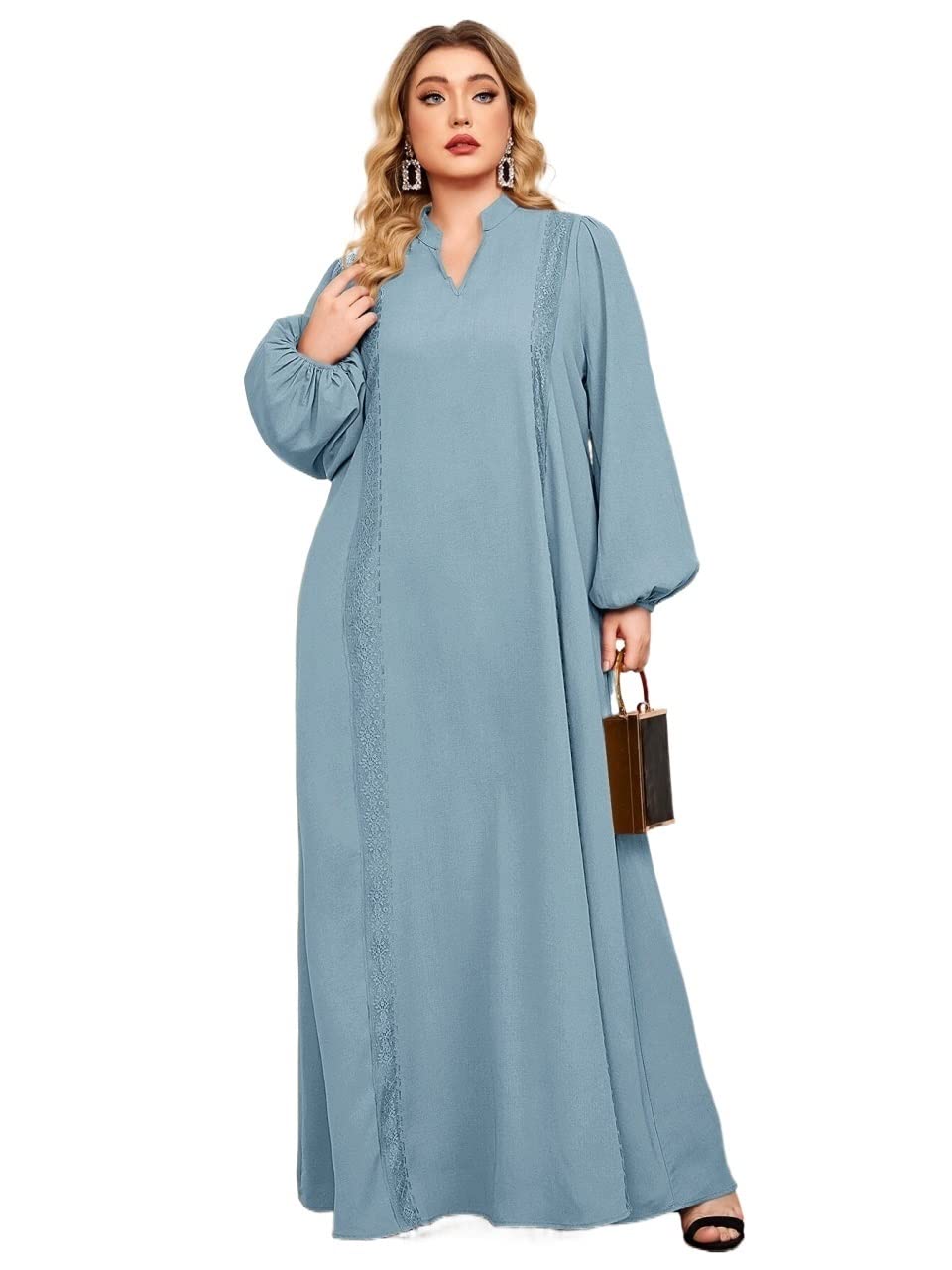 INOUJEKER Women's Plus Size Lantern Sleeve Wired Dress - Dusty Blue XL | Elegant Flowy Midi Dress for Casual Wear, Parties & Special Occasions