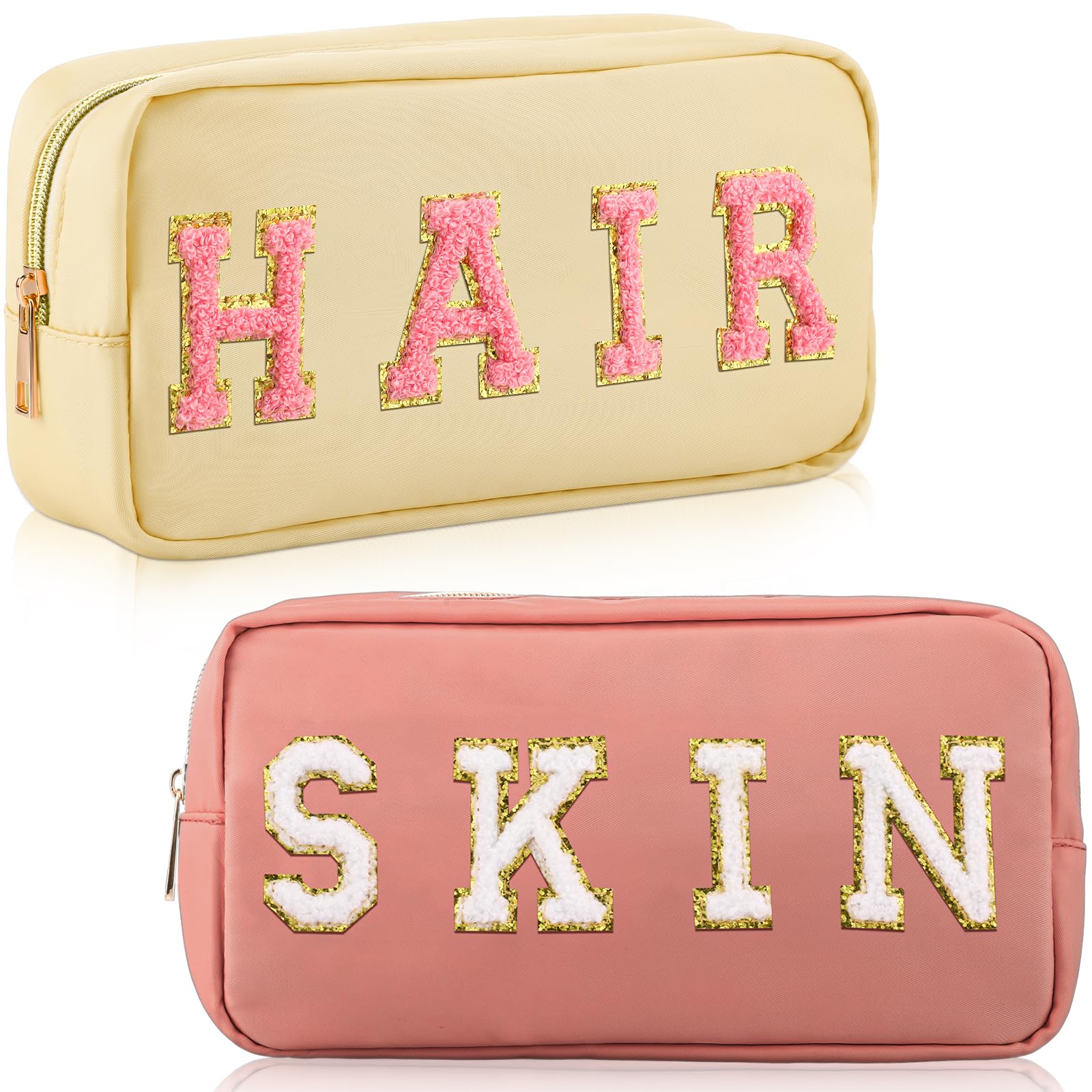 Sanwuta 2-Piece Nylon Cosmetic Makeup Bags with Chenille Letters - Preppy Patch Zipper Toiletry Pouches for Women, Girls, Baby & Mama Travel (Beige & Nude Pink) | Perfect for Travel, Gym, School & Daily Organizer