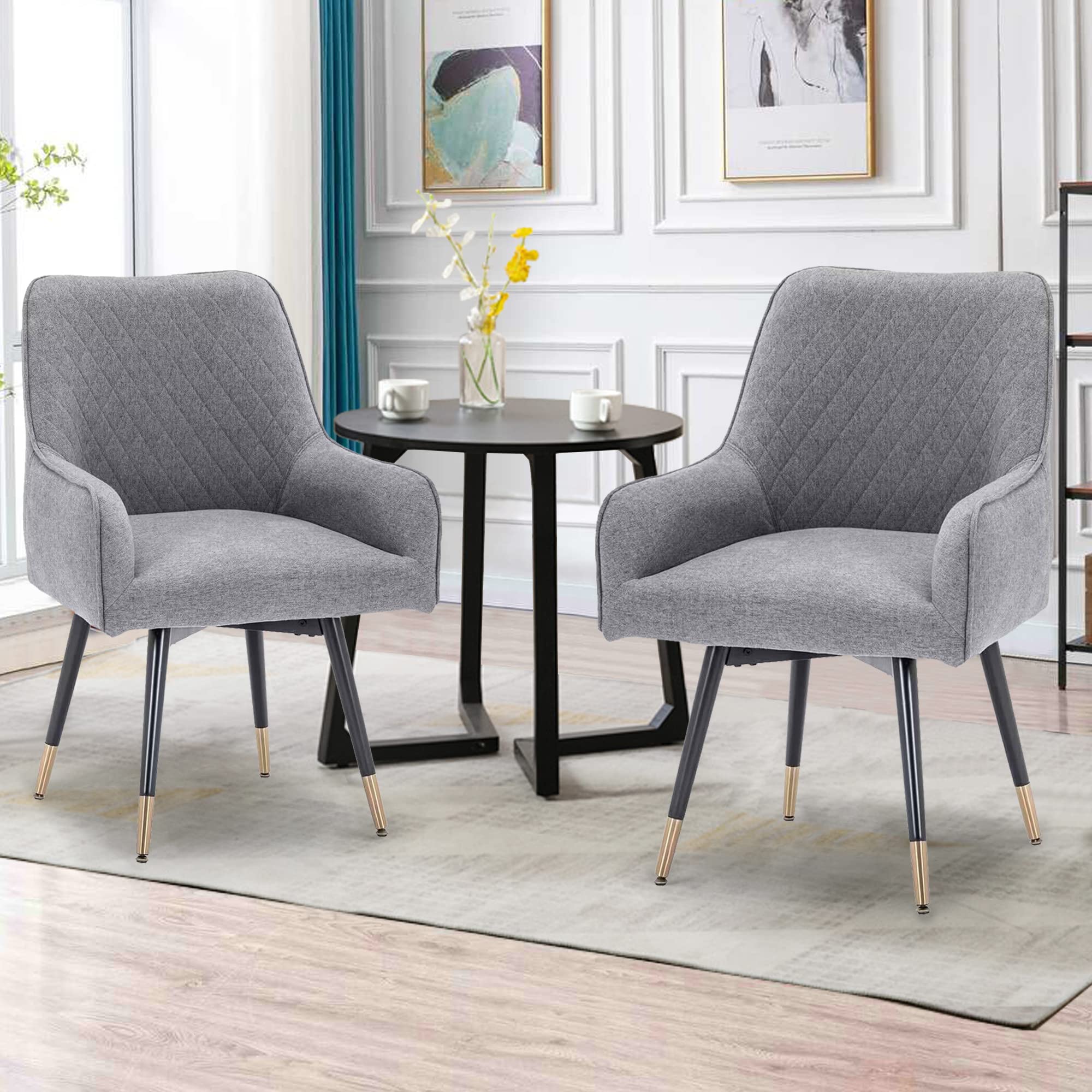 2 Pack Swivel Dining Chairs - Gray Upholstered Accent Chairs with Non-Slip Rubber Caps & Arms for Living Room, Kitchen, Dining Room & Office - Modern Home Furniture Set