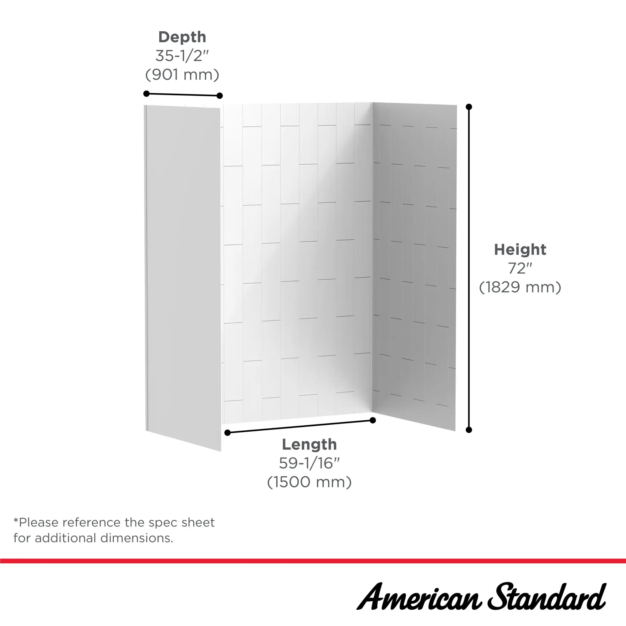 60 x 36 x 72 Inch Vertical Tile Bath Wall Set - Waterproof Bathroom Wall Panels for Shower Surround, Bath Tub Backsplash & Home Spa Renovation
