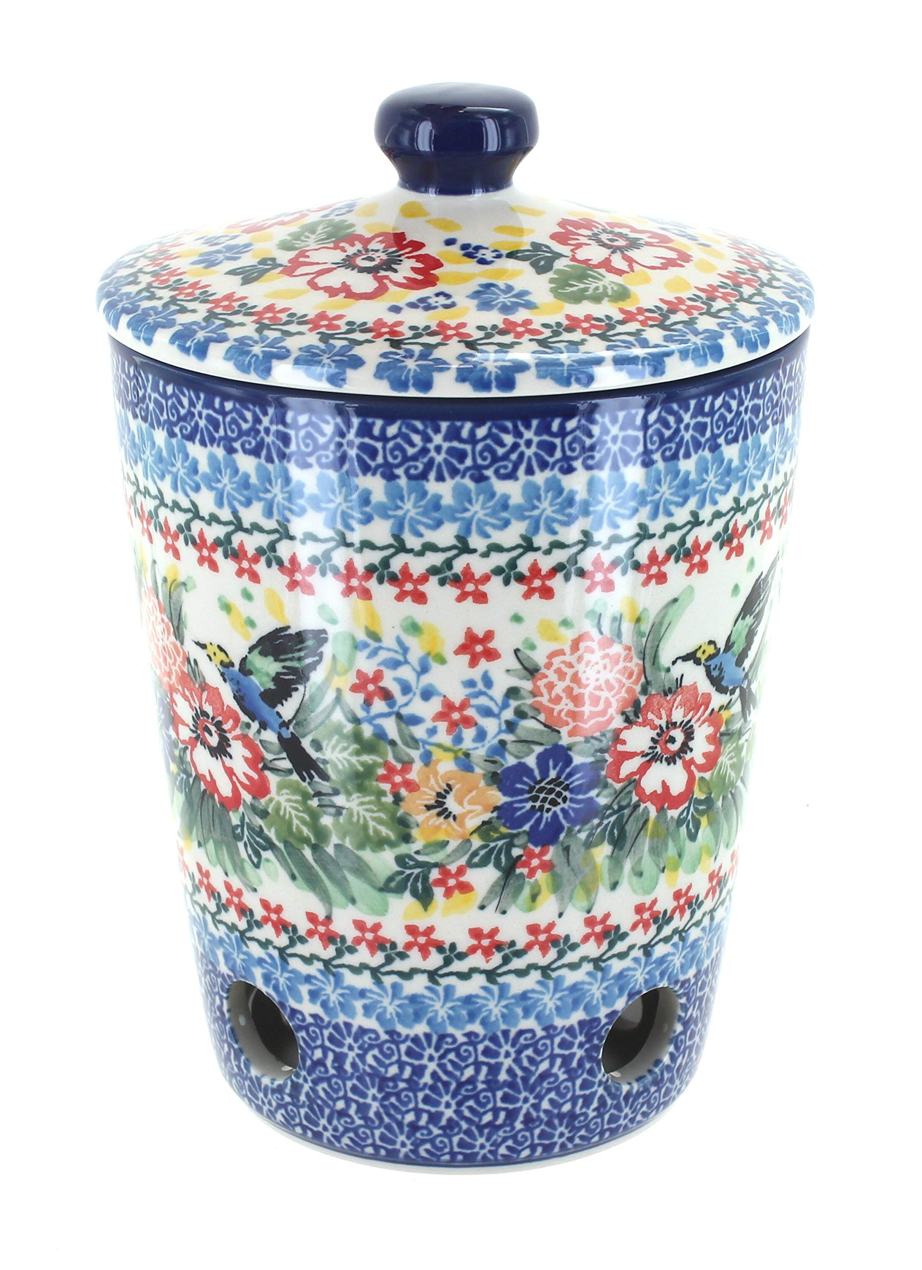 Blue Rose Polish Pottery Hummingbird Garlic Keeper - Handmade Ceramic Garlic Storage Container for Kitchen, Pantry & Dining Decor