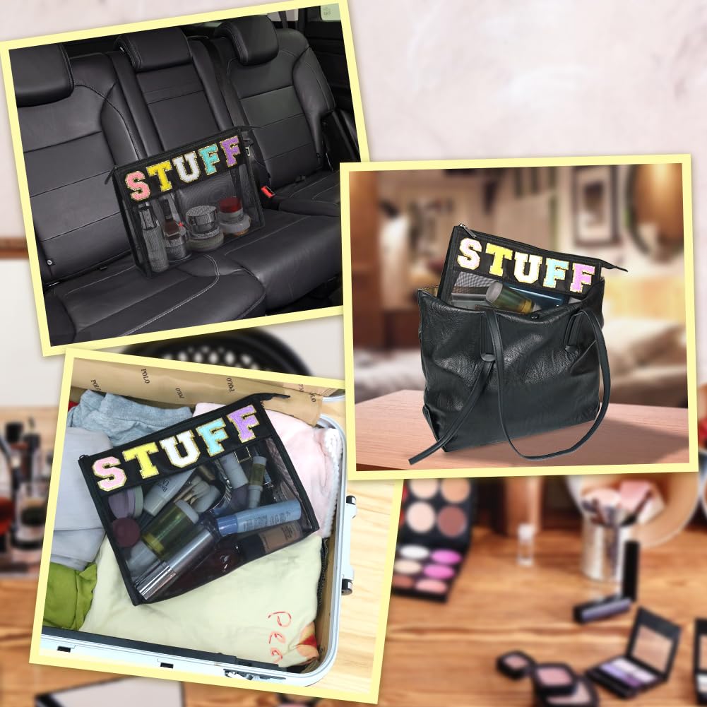 Preppy Makeup Bag for Travel - Mesh Cosmetic Pouch with Chenille Letter Patch, Waterproof Toiletry Organizer (Black) | Perfect for Gym, Vacation & Daily Essentials Storage