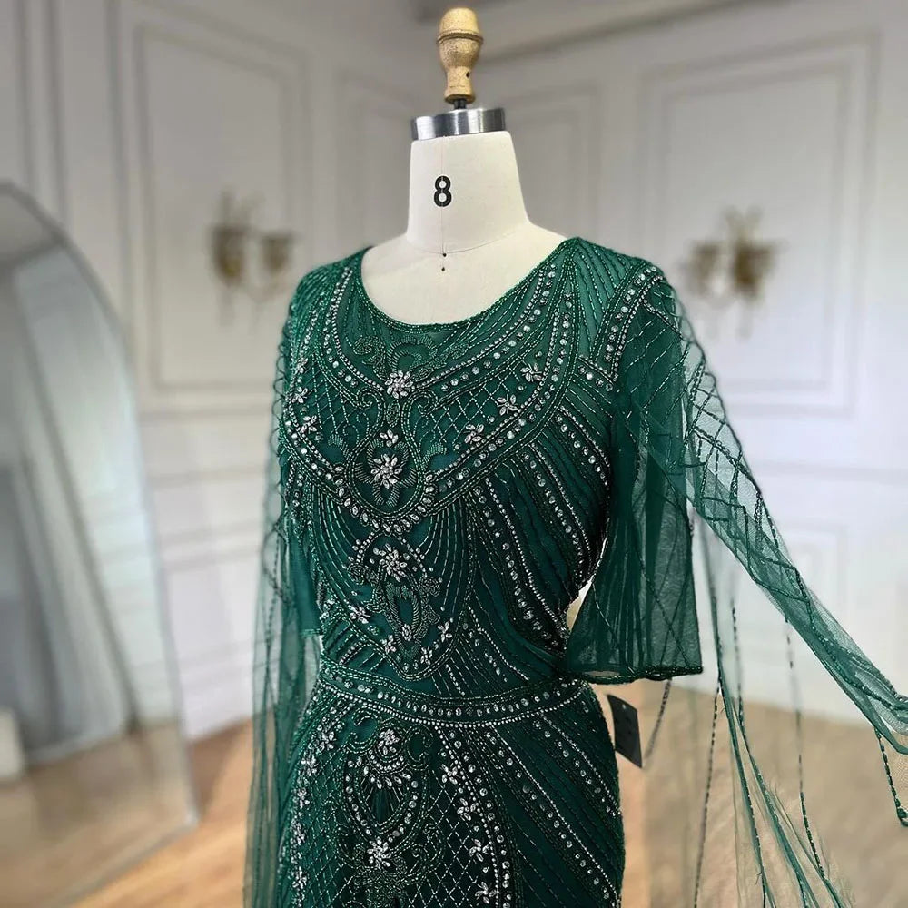Elegant Dubai Arabic Green Mermaid Evening Dress with Beaded Cape Sleeves - Women's Luxury Party Gown for Special Occasions, Weddings & Red Carpet Events LA72562