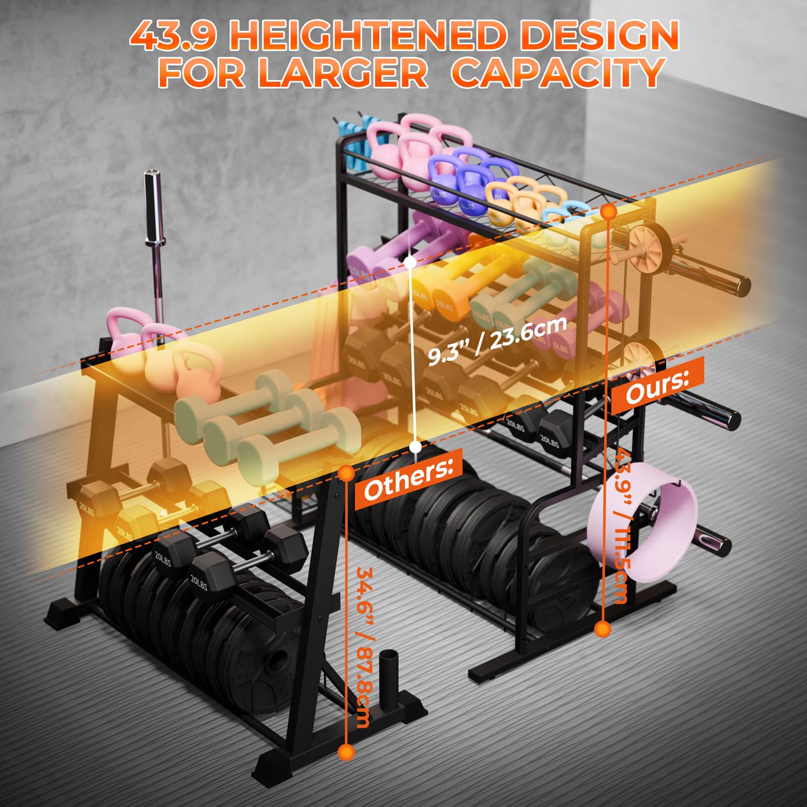 Bonvork XL Adjustable Dumbbell Rack - Heavy Duty Weight Stand with 3 Olympic Bar Holders & Bumper Plate Storage | Home Gym Equipment for Dumbbells, Kettlebells & Yoga Mats | Perfect for Garage Gym, CrossFit & Home Workouts