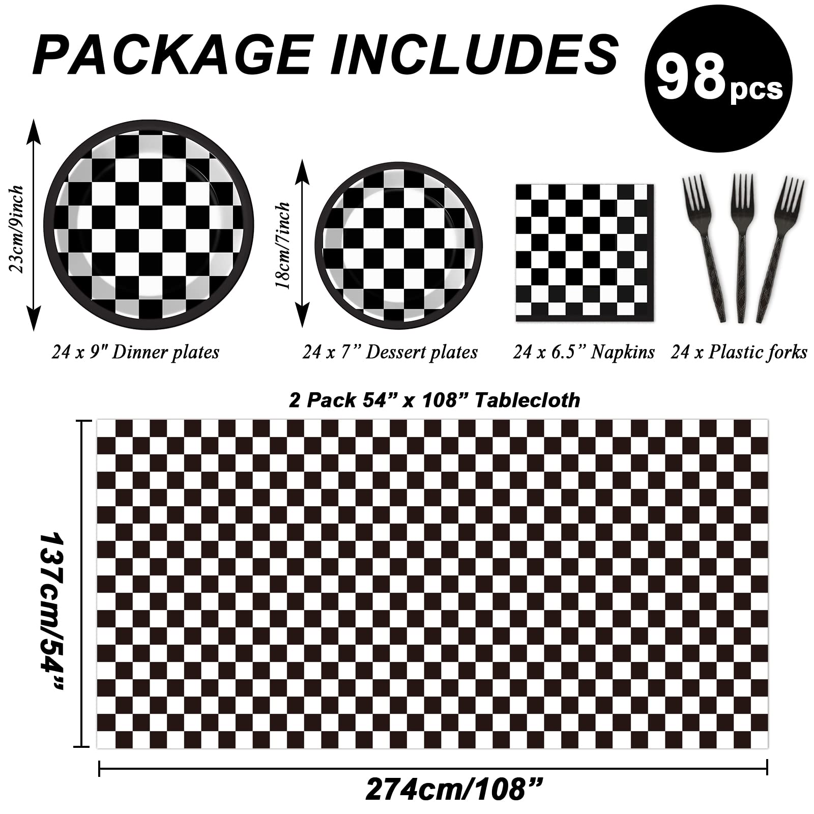 98-Piece Black and White Checkered Racing Party Supplies Set - Race Car Themed Tableware, Dinnerware & Decorations with Tablecloth, Plates, Napkins & Forks for Birthday Parties, Baby Showers & Sports Events