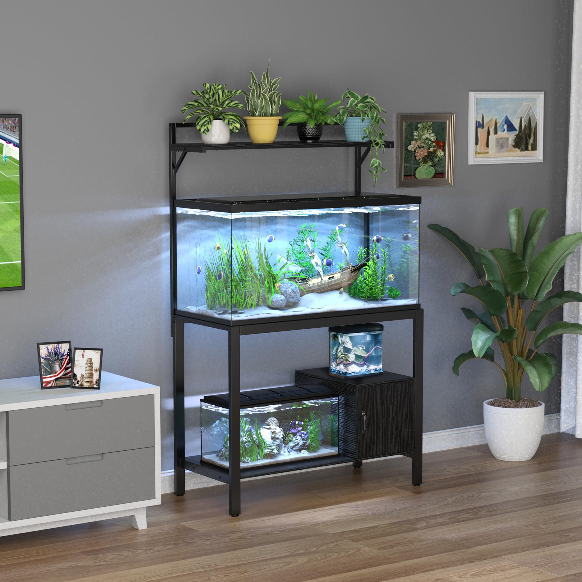 40-50 Gallon Fish Tank Stand with Plant Shelf & Storage - Heavy Duty Metal Aquarium Stand for Reptile Terrariums, Turtle Tanks (36.6