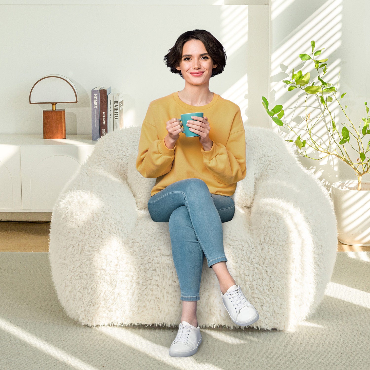 MAXYOYO Fluffy Comfy Large Bean Bag Chair with Pillow - Oversized Memory Foam Lounger for Adults & Teens - Perfect for Reading, Gaming, Movie Nights & Bedroom Relaxation - Beige