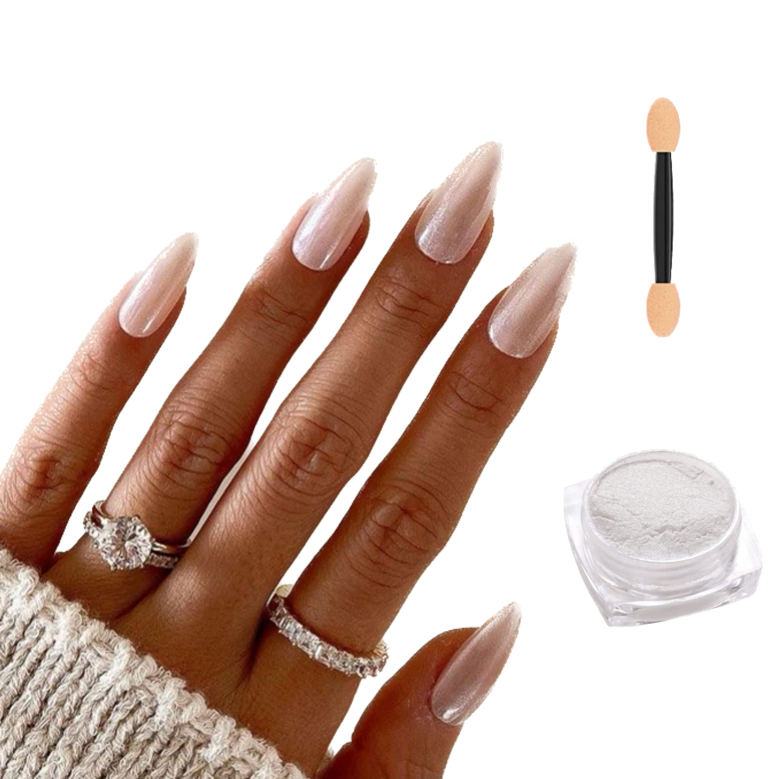 Glazed Donut Pearl Chrome Nail Powder with Brush - TikTok Viral Hailey Bieber Nails Chrome Glitter for Nail Art Design - Perfect for Manicures, Parties & Special Occasions