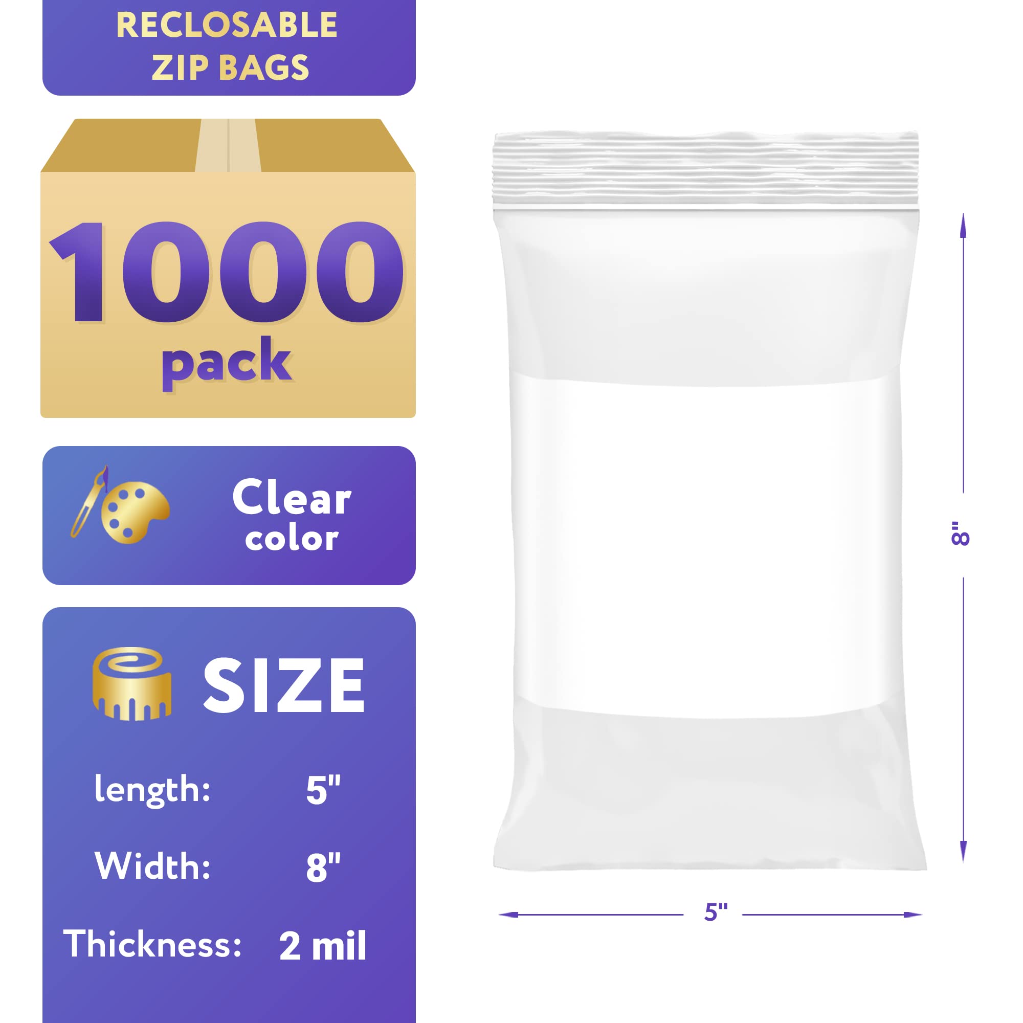 1000 Pack 5x8 Inch White Block Reclosable Zipper Bags - 2 Mil Thick Clear Food Storage Bags with Write-On Panel | Waterproof Packaging for Small Business, Crafts, Snacks & Retail Products